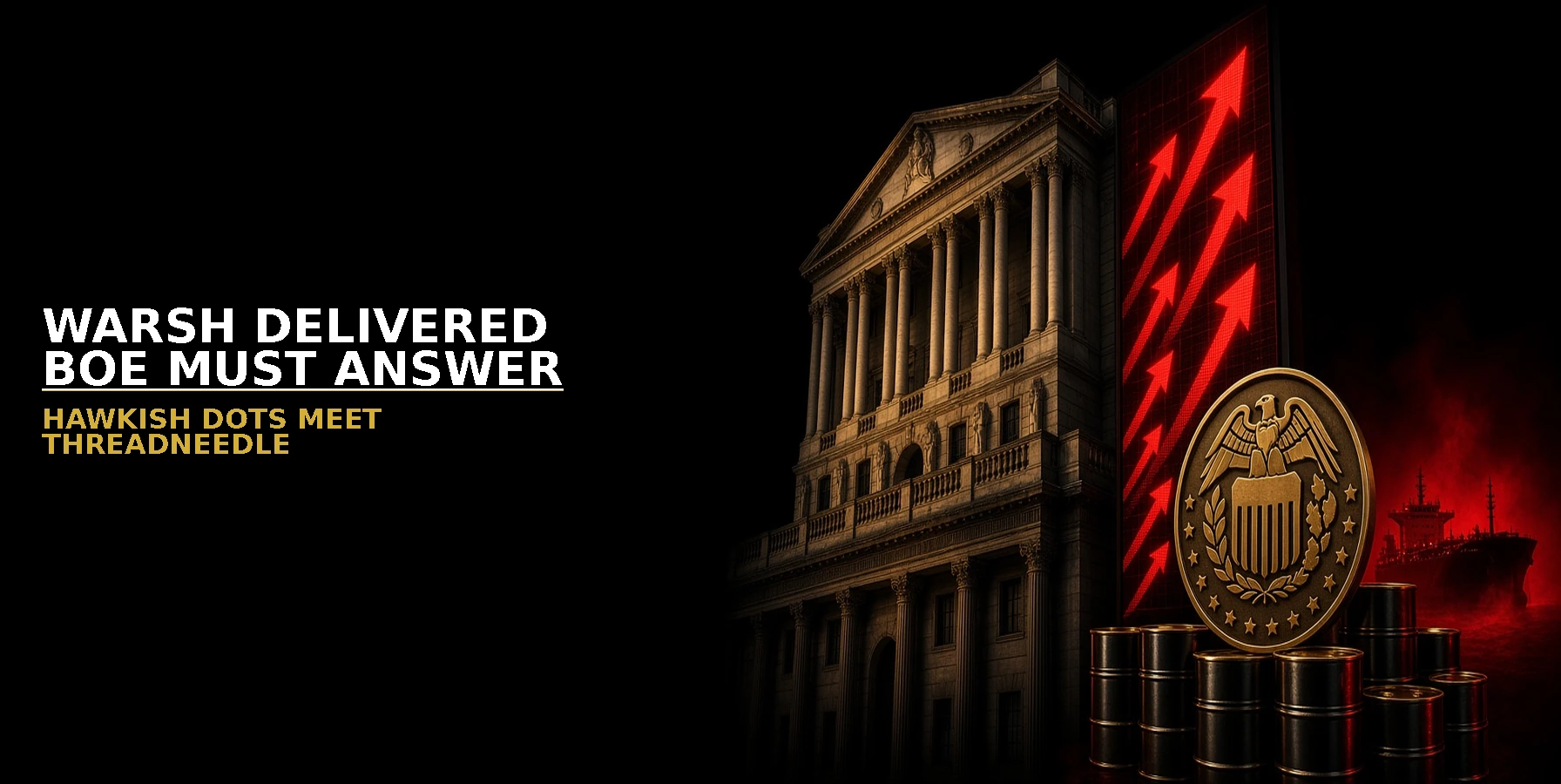 Dramatic feature: Bank of England columns, Fed eagle gold medallion, oil barrels, tanker in red fog, red rate arrows — Warsh delivered BoE reply morning brief 17 Sep 2026
