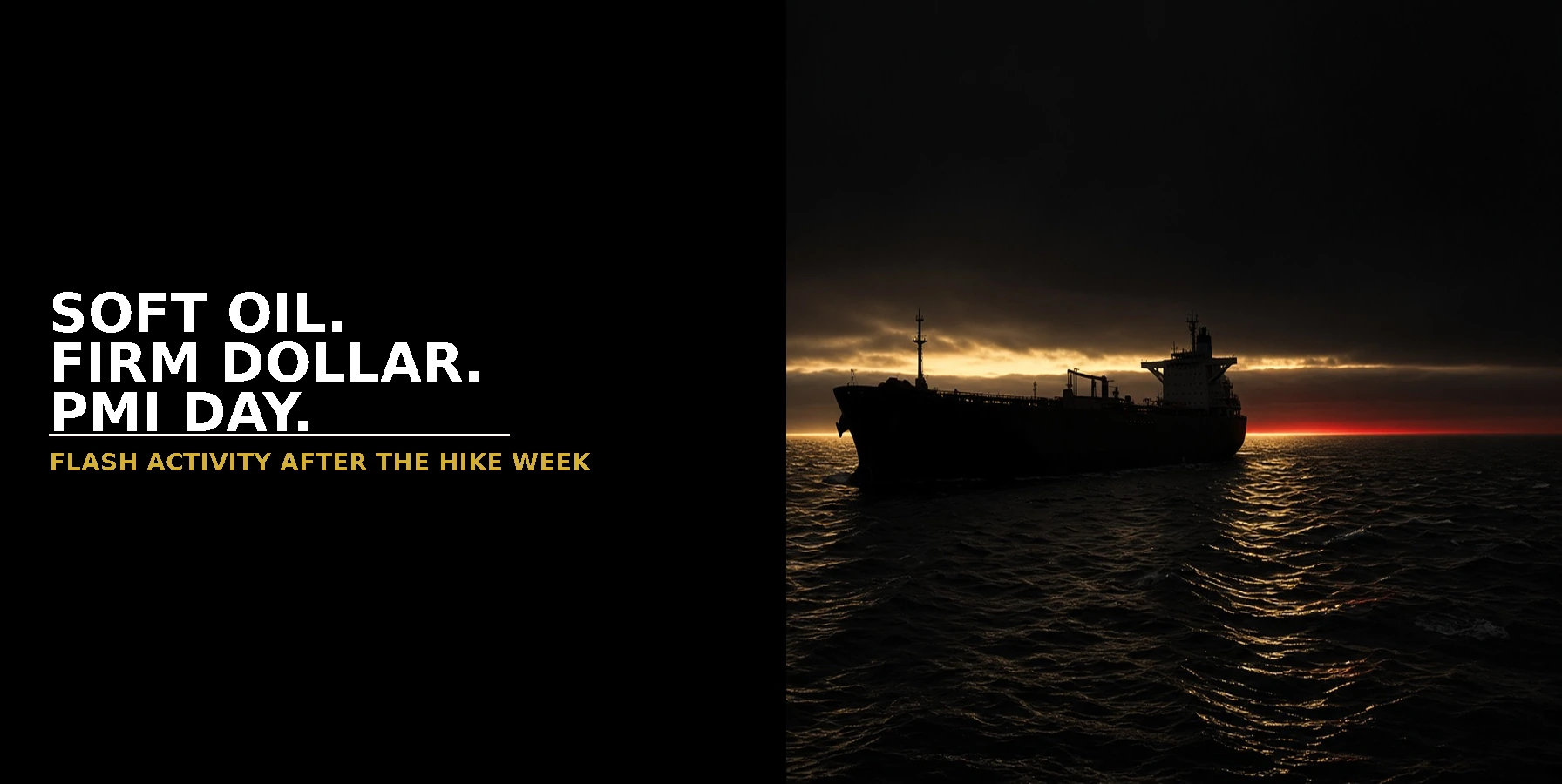 Soft Oil. Firm Dollar. PMI Day. — dramatic oil tanker dawn silhouette, Morning Market Brief 23 Sep 2026