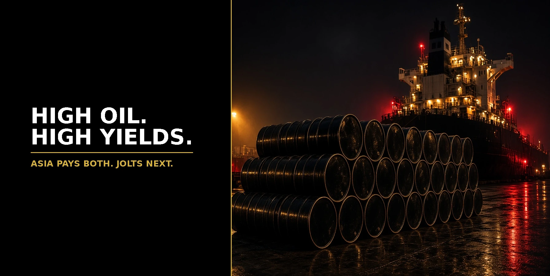 Morning Market Brief 29 September 2026: High Oil. High Yields. Oil barrels stacked on a night dock beside a lit tanker, in black, red and gold.