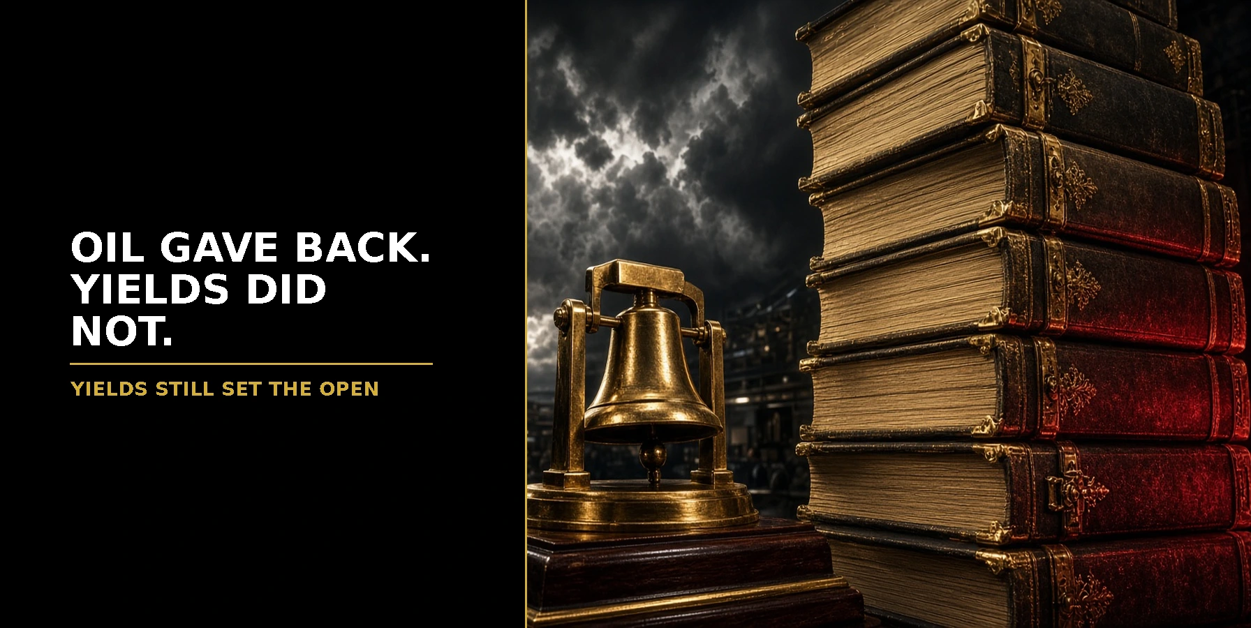 US Open Market Brief featured image: Oil Gave Back. Yields Did Not. Dramatic Wall Street cash-open energy with gilt bond ledgers under black red gold white light.