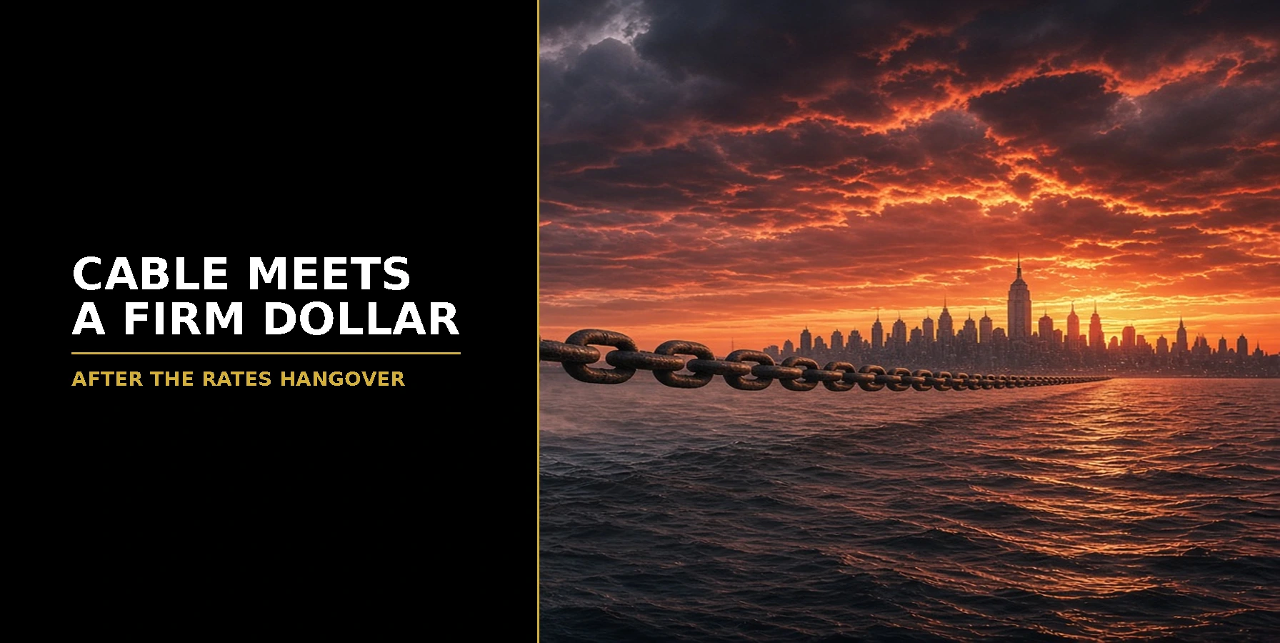 Cable and a Firm Dollar After a Rates Hangover Featured image for Samuel & Co Trading showing a heavy chain across the water before the London skyline at sunset.