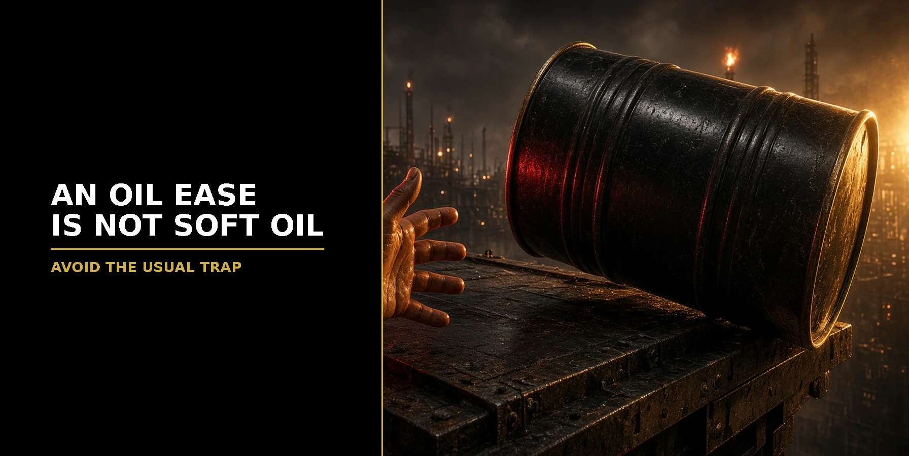 Common Mistake: Calling an Oil Ease Soft Oil Featured image for Samuel & Co Trading showing a hand steadying a tipping black oil barrel.