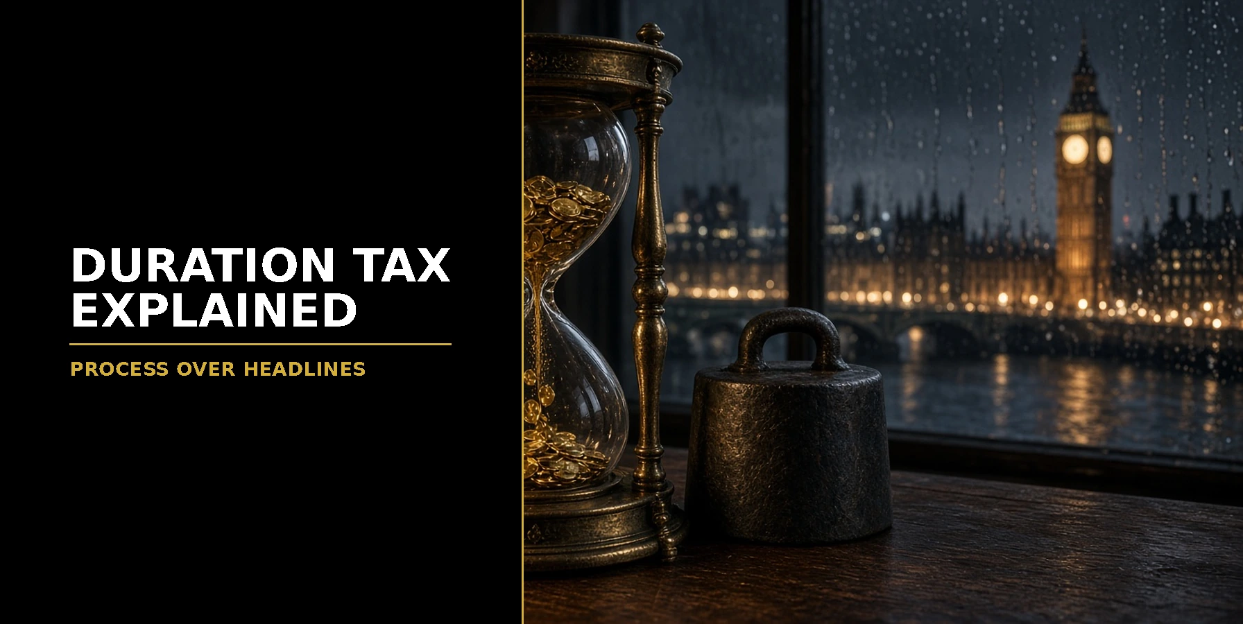 Duration Tax Explained for UK Traders Featured image for Samuel & Co Trading showing an hourglass and scales by a rain-streaked window overlooking Big Ben.