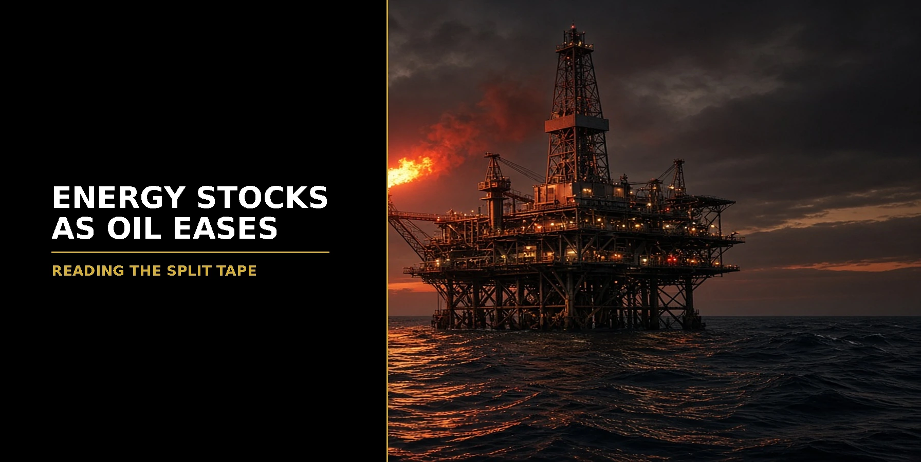 Energy Stocks When Oil Eases Off Peaks Featured image for Samuel & Co Trading showing an offshore oil platform with a gas flare at sunset.