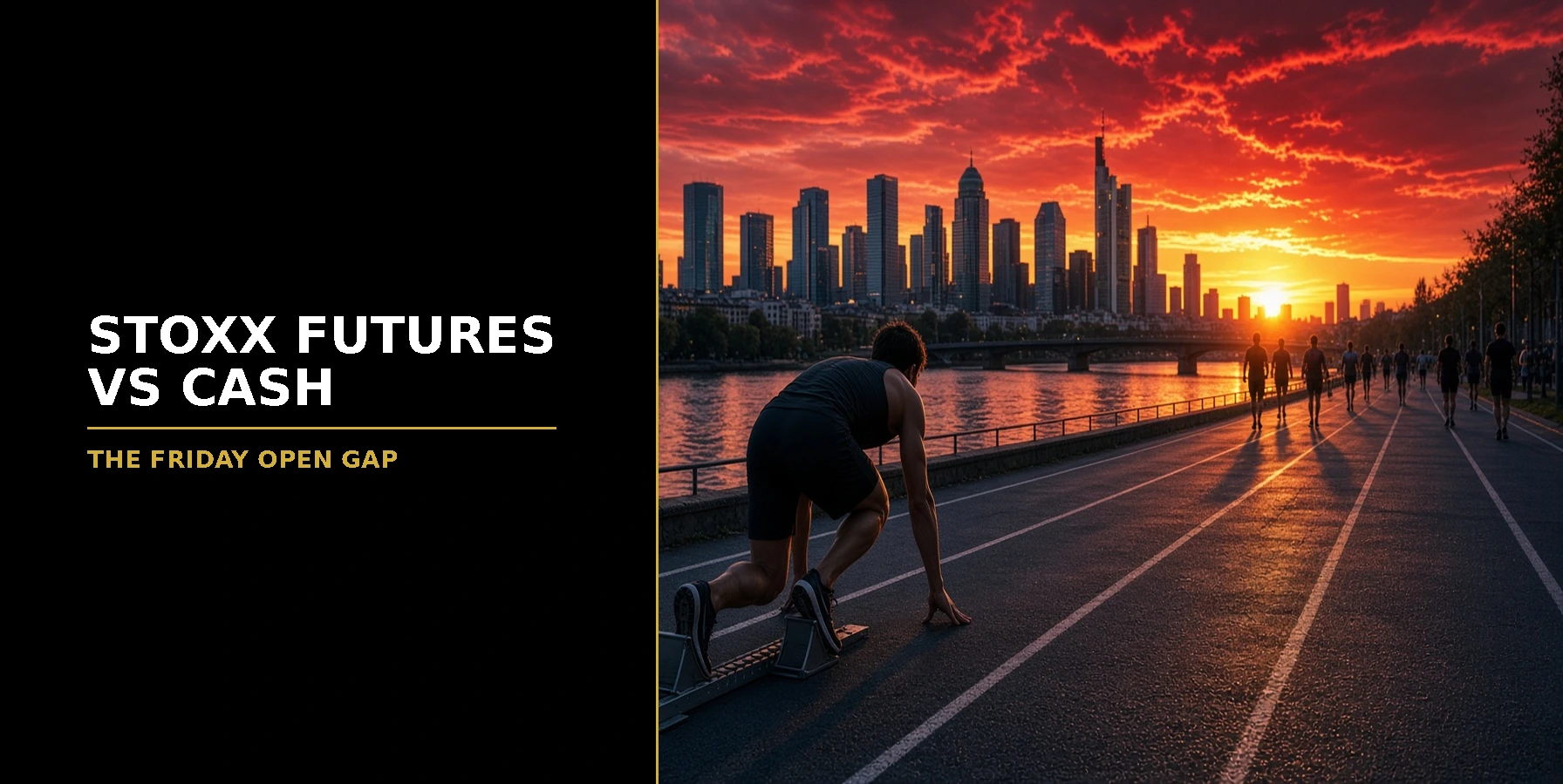 Euro Stoxx Futures vs Cash on a Friday Open Featured image for Samuel & Co Trading showing a sprinter in the blocks on a road before a city skyline at sunrise.