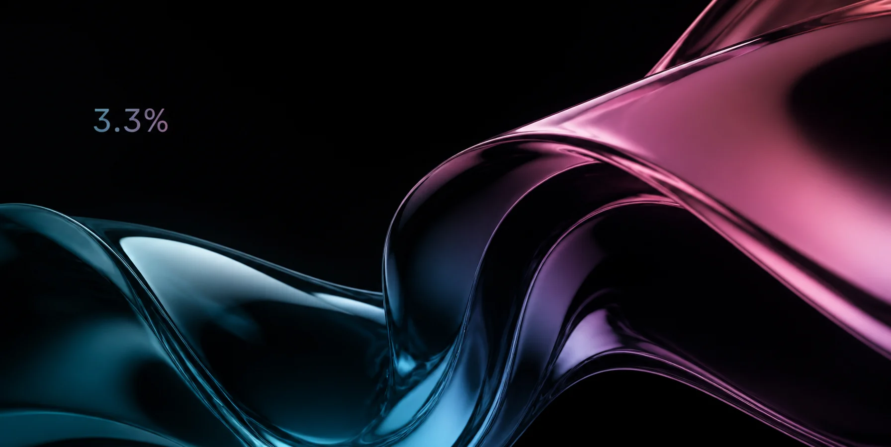 Abstract premium graphic on matte black with cyan-to-magenta liquid glass forms and minimal text reading 3.3%