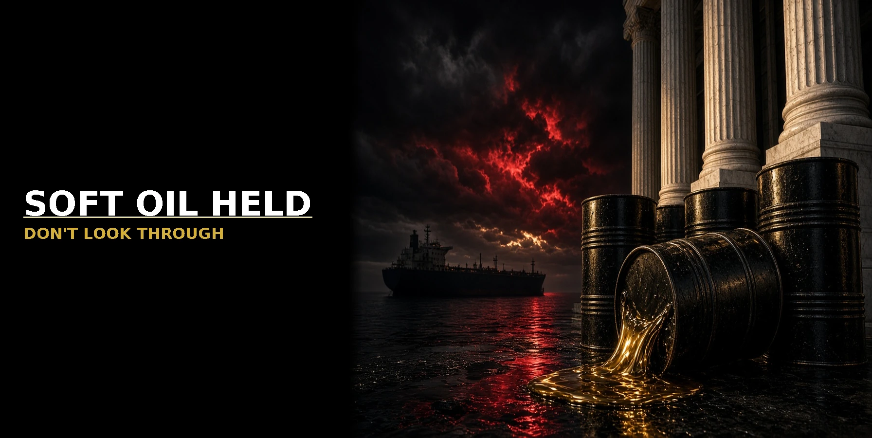 Dramatic 16:9 market brief header: black left panel with white headline SOFT OIL HELD and gold subhead DON'T LOOK THROUGH; right panel photoreal Fed marble columns with oil barrels and tanker under cinematic black red gold light, text-free.