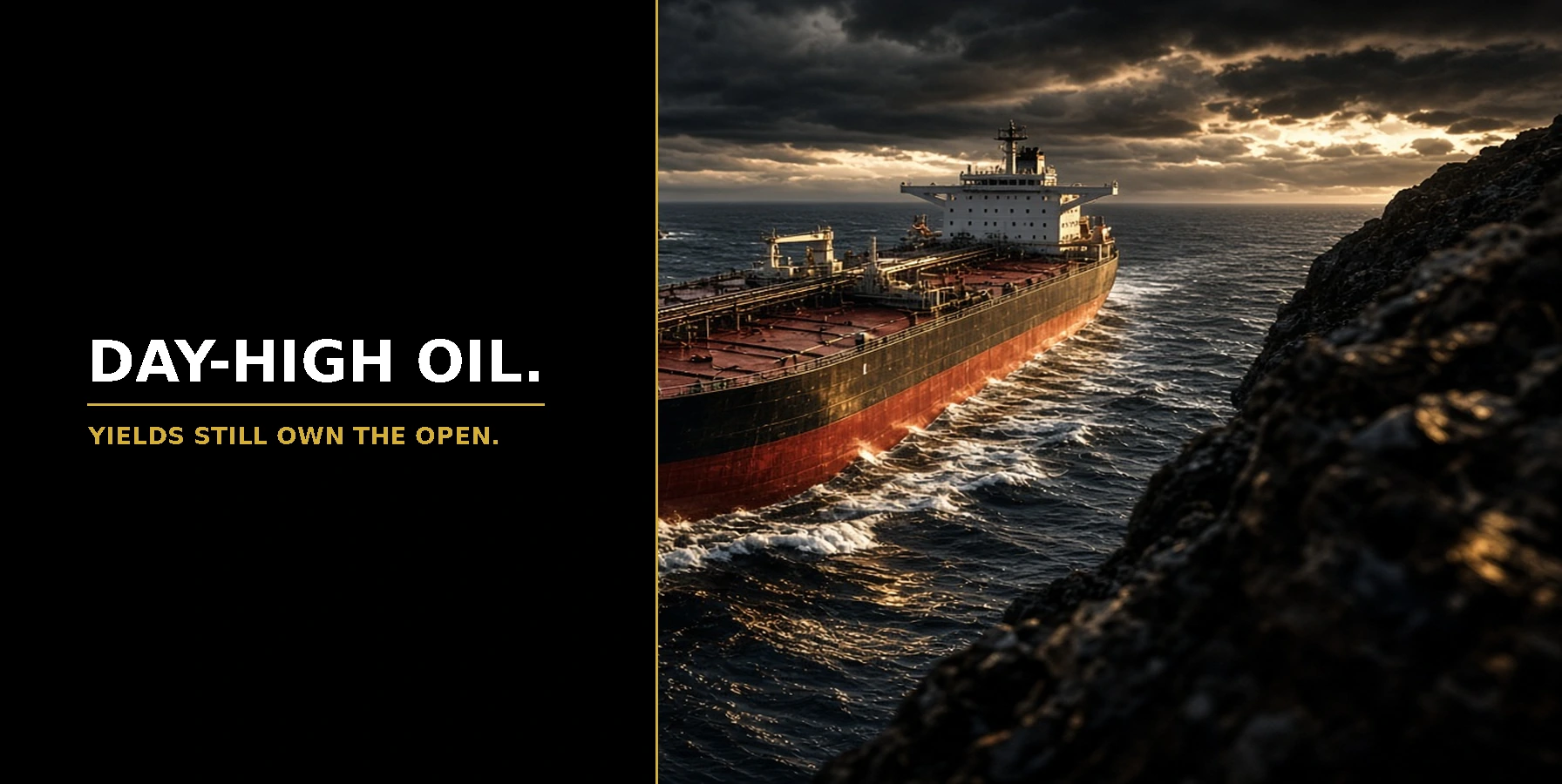 US Open Market Brief featured image: Day-High Oil. Yields still own the open. Dramatic Hormuz oil tanker under storm light in black red gold white.