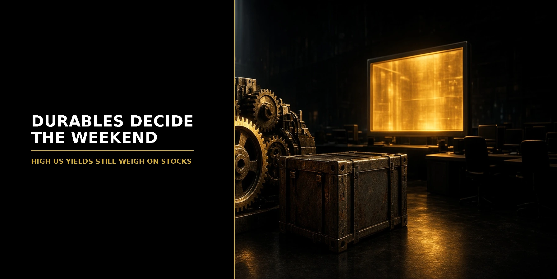 Factory gears and a shipping crate beside a glowing trading screen in a dark trading room. Durables Decide The Weekend. High US yields still weigh on stocks. US Open Market Brief 25 Sep 2026