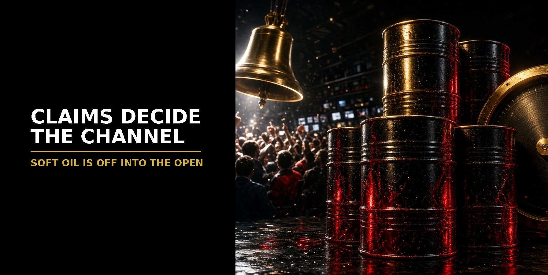 Dramatic feature: labour dial and firm oil barrels under cinematic black red gold light into the New York cash open — Claims Decide The Channel. Soft Oil Is Off., US Open Market Brief 24 Sep 2026