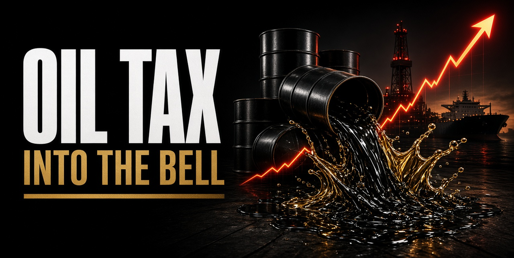US Open Brief feature: left black panel OIL TAX white headline and gold INTO THE BELL subhead; right oil barrels spilling crude with red rising chart, tanker and rig silhouettes — topic oil tax into the cash bell.