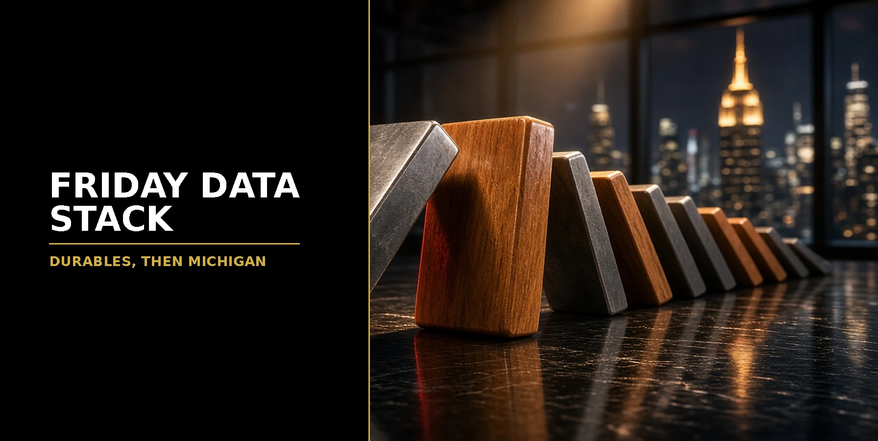 Friday Data Stack: Durables Then Michigan Featured image for Samuel & Co Trading showing a row of falling dominoes before a night city skyline.