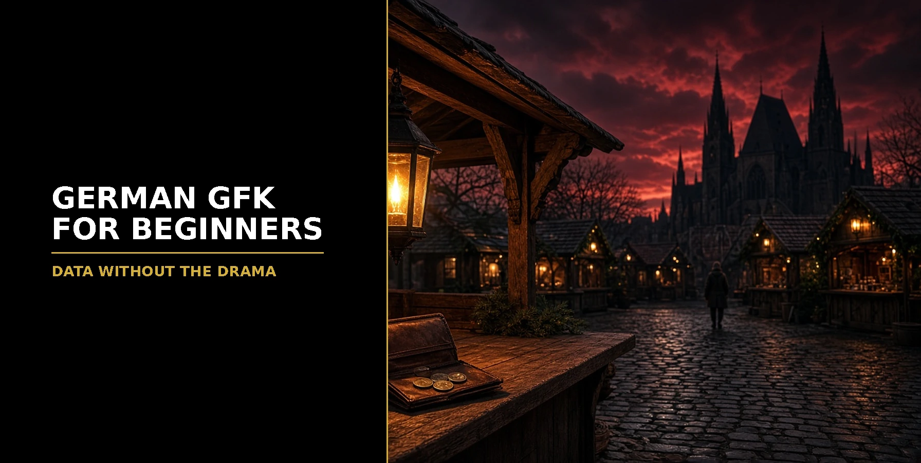 German GfK Consumer Confidence for Beginners Featured image for Samuel & Co Trading showing a German market square with a gothic church at sunset.
