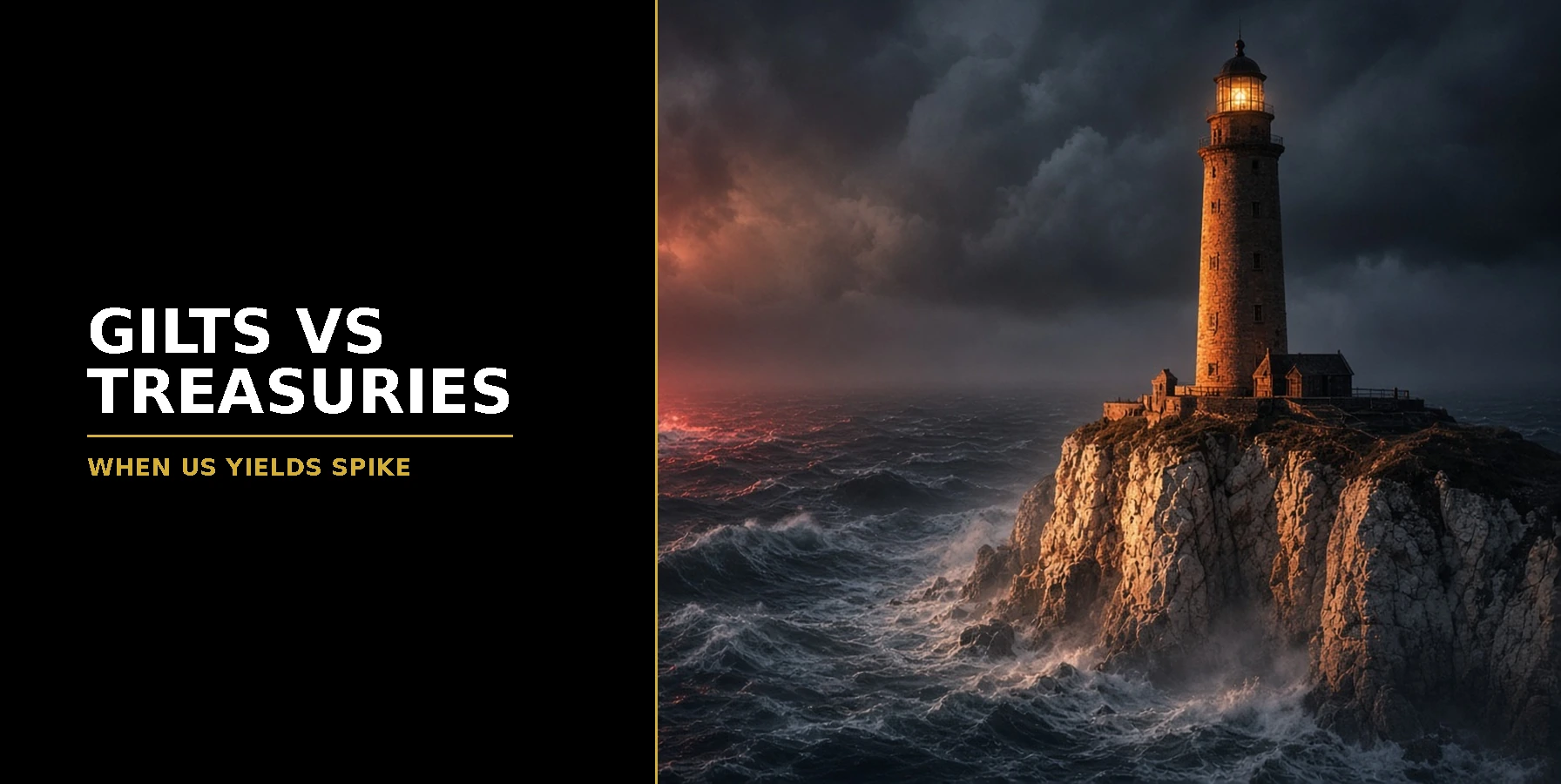 Gilts vs Treasuries When US Yields Spike Featured image for Samuel & Co Trading showing a lighthouse on rocks as storm waves crash.