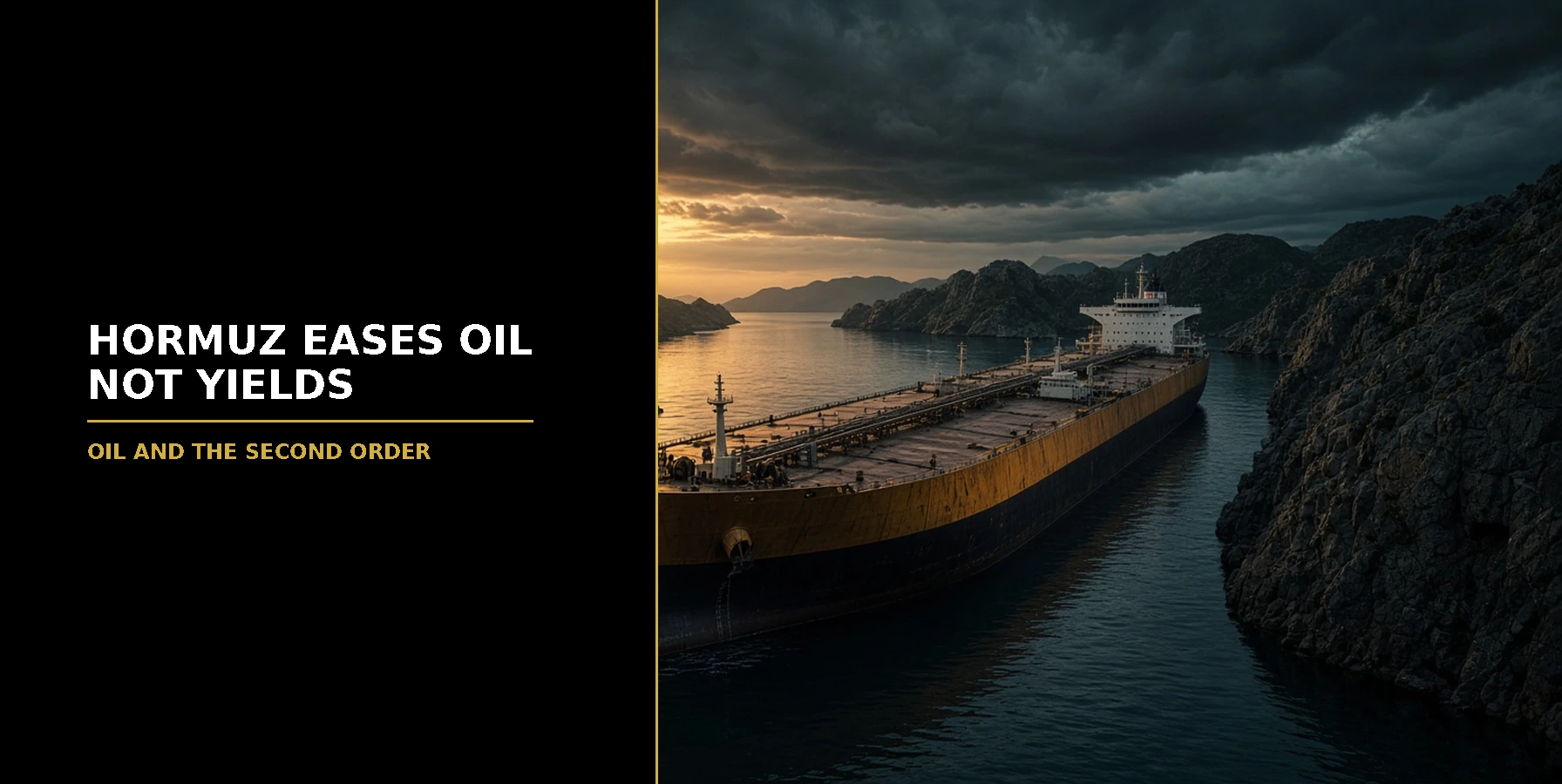 How Hormuz Talk Can Ease Oil Without Fixing Yields Featured image for Samuel & Co Trading showing an oil tanker sailing through a narrow strait at dusk.