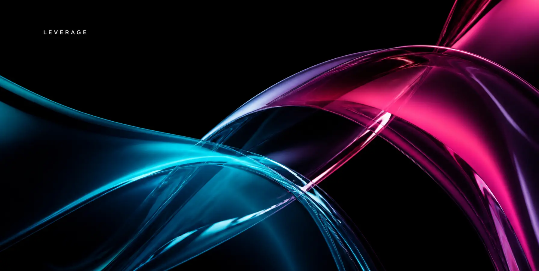 Abstract cyan and magenta glass forms on black with the word LEVERAGE