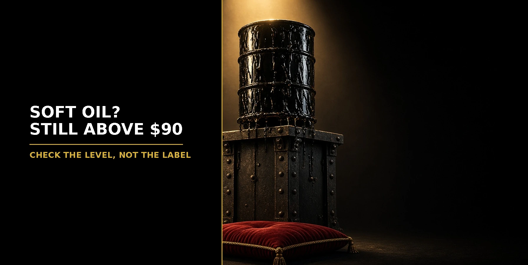 Soft-Oil Framing vs Oil Still Above $90 Featured image for Samuel & Co Trading showing a spotlit black oil barrel on a pedestal.