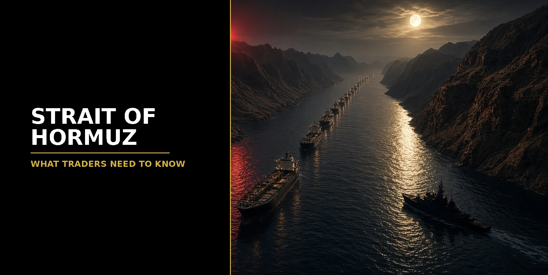 Strait of Hormuz: What Traders Need to Know Featured image for Samuel & Co Trading showing a convoy of tankers moving through a moonlit strait.