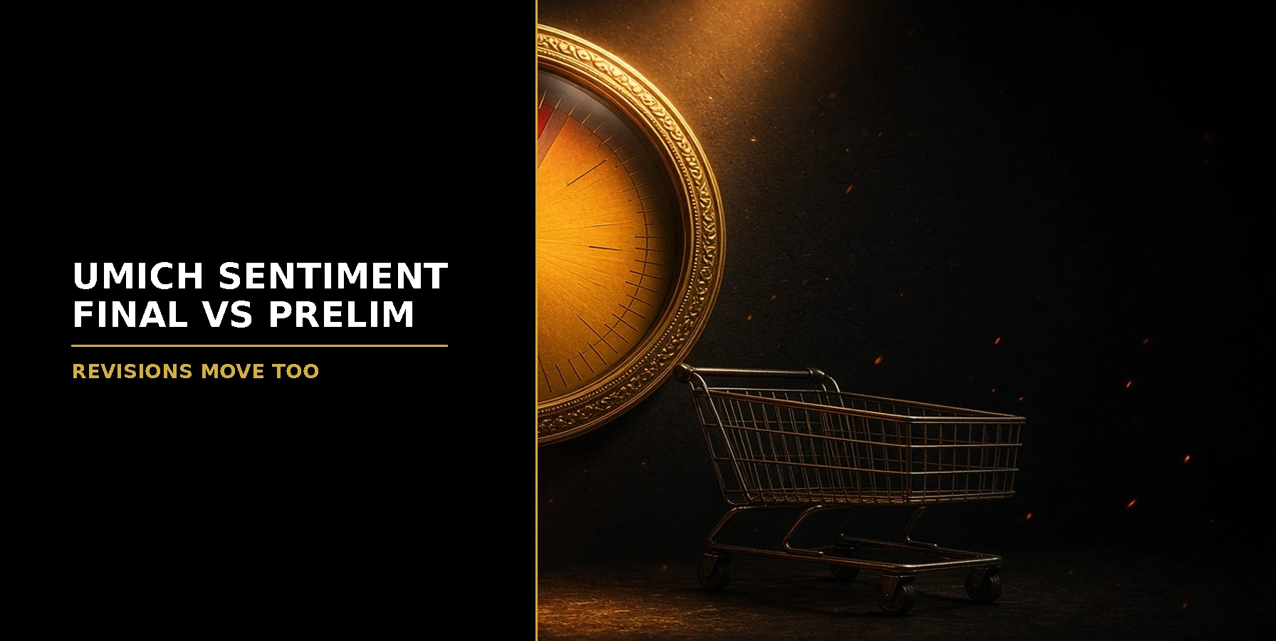 Glowing gold and red consumer sentiment gauge beside a shopping trolley on a dark background