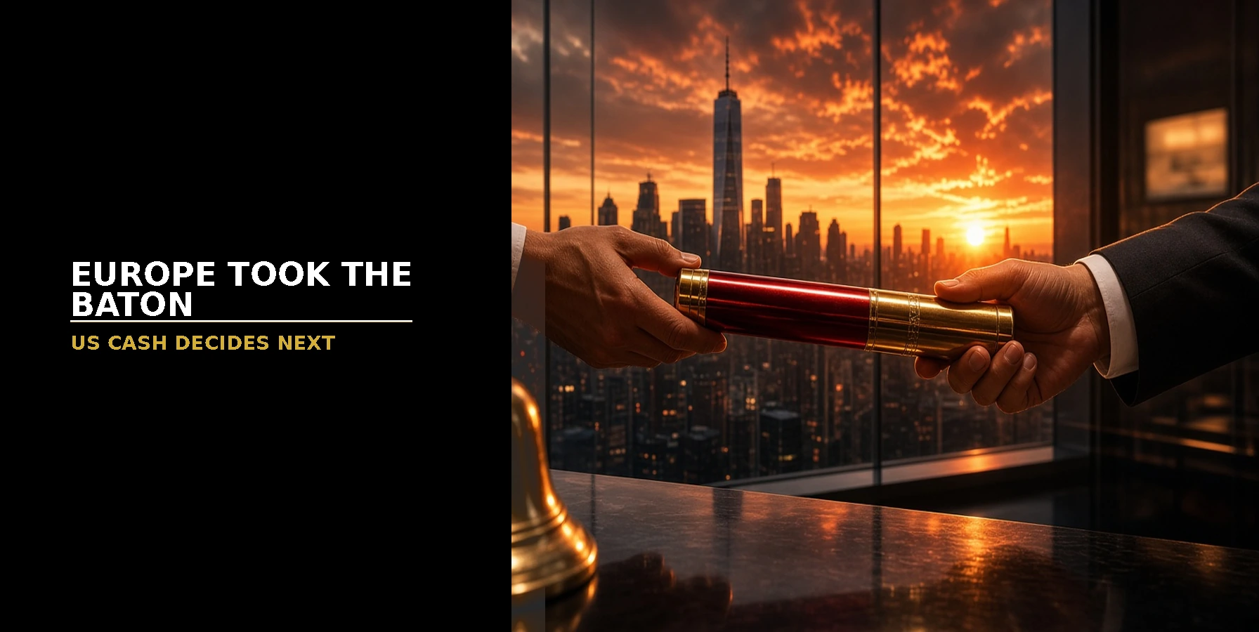Dramatic feature: New York cash-bell trading floor energy with a European activity baton handoff under cinematic black red gold light — Europe Took The Baton. US Cash Decides Next., US Open Market Brief 23 Sep 2026