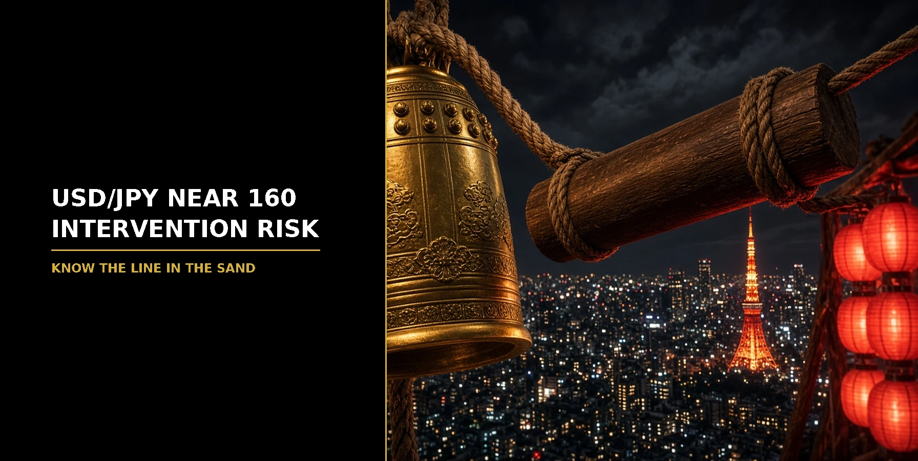 USD/JPY Near 160: Intervention Risk Basics Featured image for Samuel & Co Trading showing a temple bell and striker above the Tokyo skyline at night.