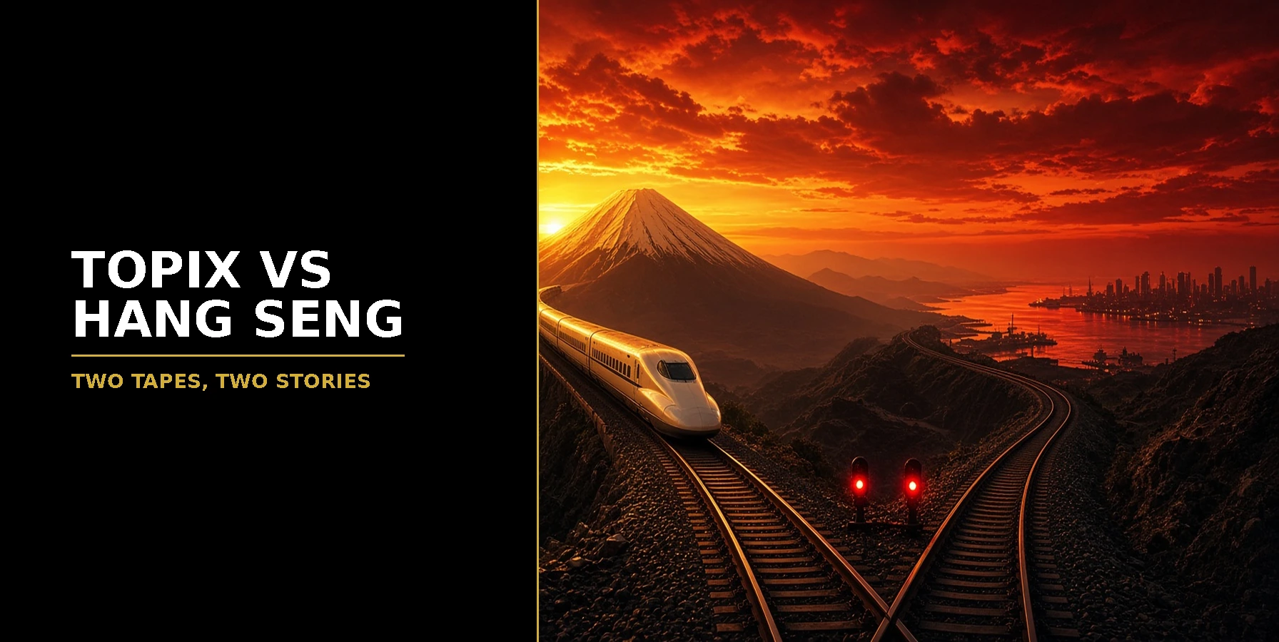 Railway tracks splitting apart at a red and gold sunset with Mount Fuji and a bullet train