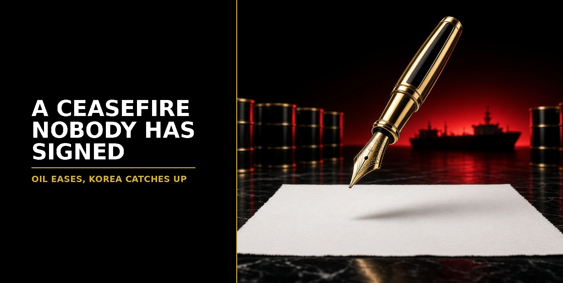 Gold fountain pen hovering over blank paper beside oil barrels and a tanker silhouette, headline A Ceasefire Nobody Has Signed