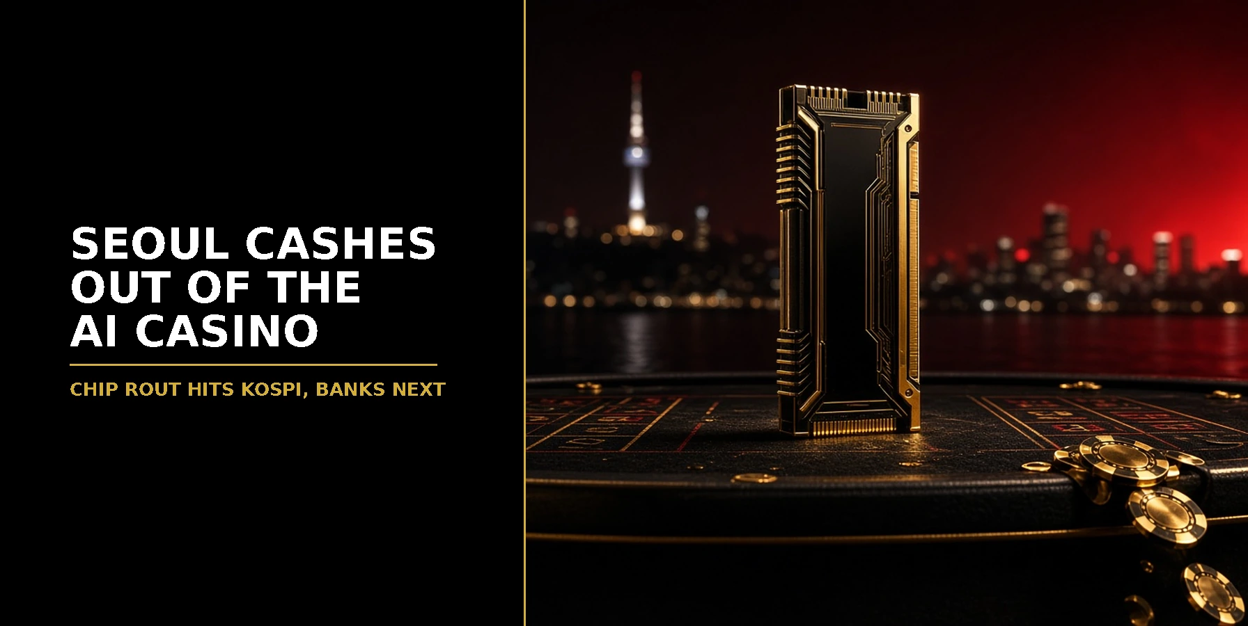 Gold and black memory chip standing on a dark roulette table with gold casino chips toppling and the Seoul skyline glowing red behind, headline Seoul Cashes Out of the AI Casino