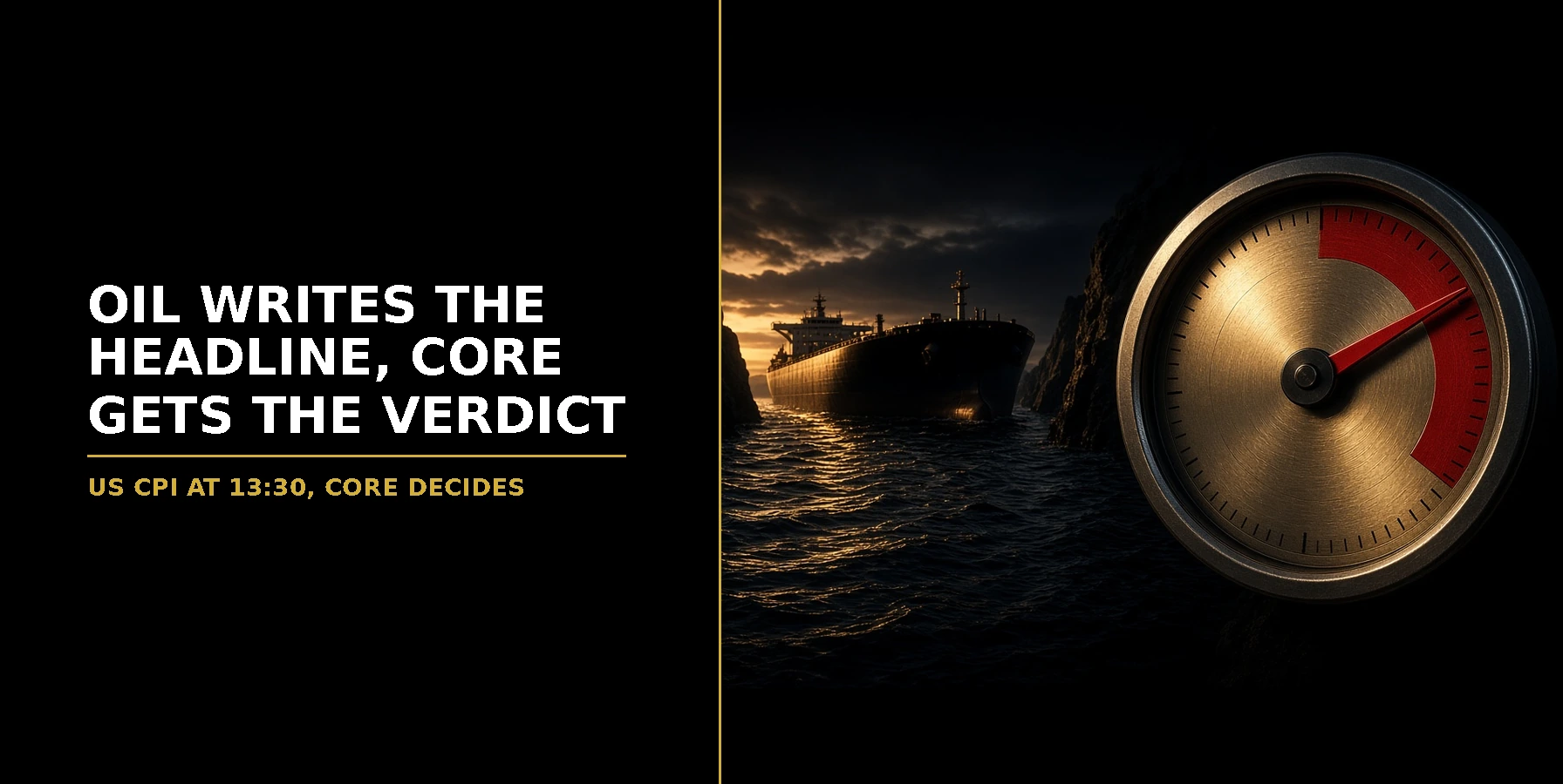 Oil tanker silhouette at dusk in a narrow rocky strait beside a giant brushed-gold inflation gauge with its red needle in the red zone, headline Oil Writes the Headline, Core Gets the Verdict