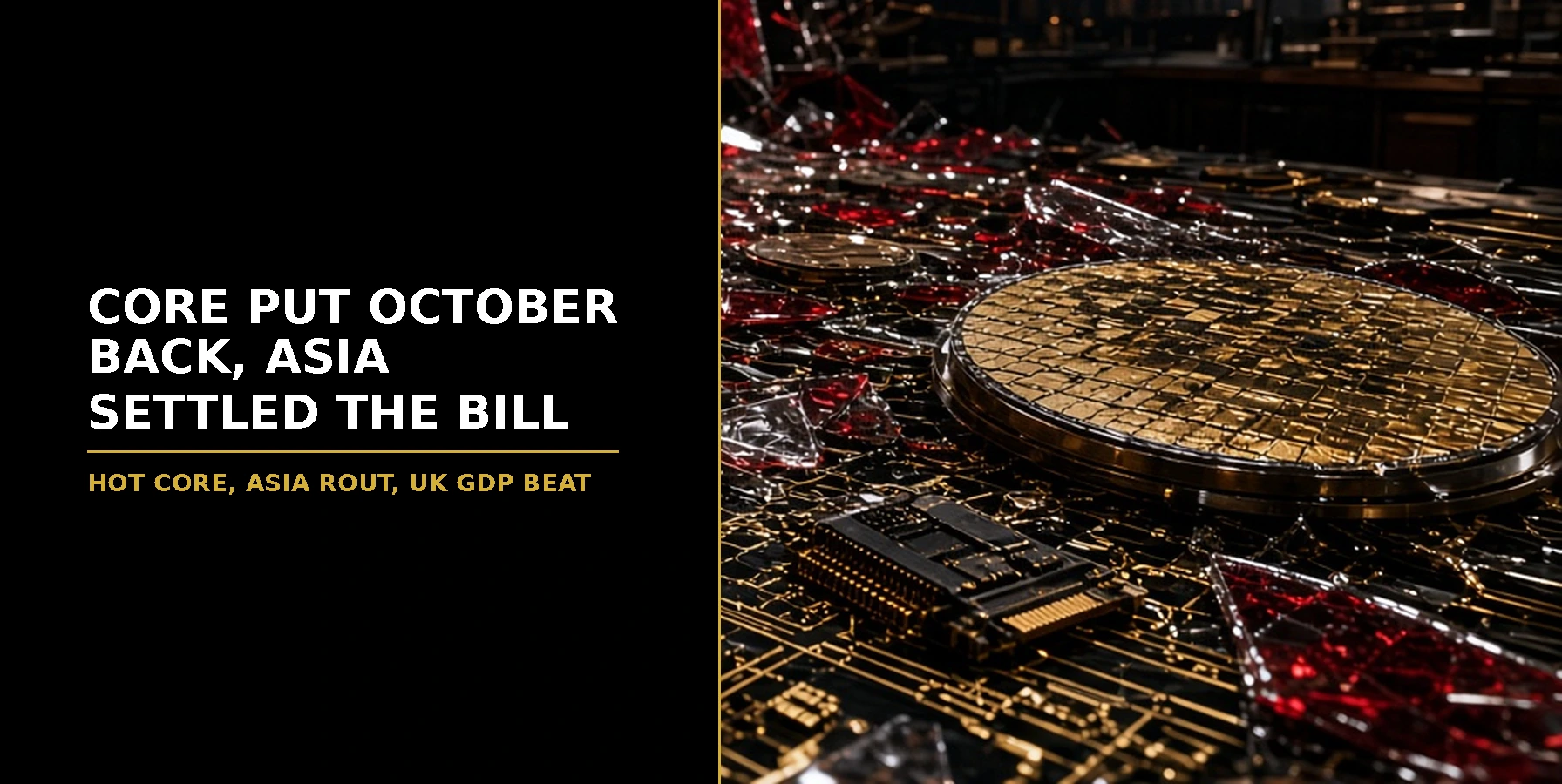 Cracked metallic-gold circuit wafer glowing under crimson warning light on a darkened Asian trading floor with shattered red price boards, headline Core Put October Back, Asia Settled the Bill