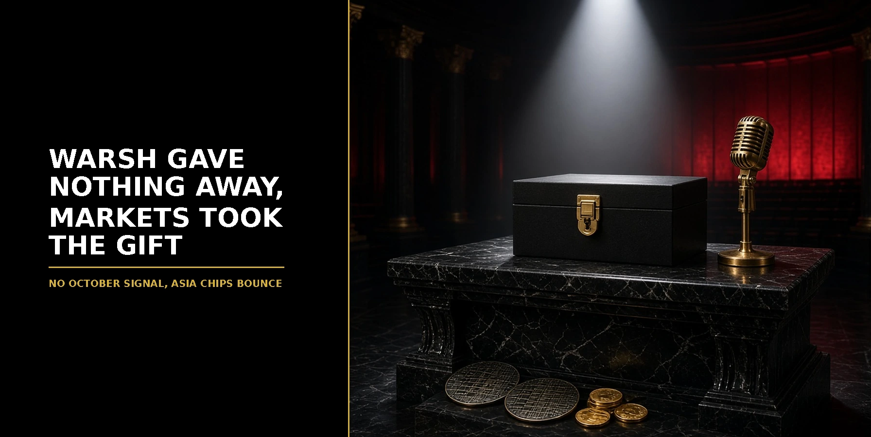Sealed black box with a gold clasp on a black marble lectern beside an unused brass microphone under a spotlight, chips and gold coins at its foot, headline Warsh Gave Nothing Away, Markets Took the Gift
