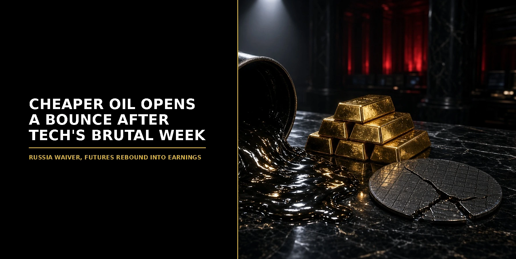 Black oil barrel tipped on its side spilling crude across a black marble trading desk, beside a cracked silicon wafer and stacked gold bars under a spotlight, headline Cheaper Oil Opens a Bounce After Tech's Brutal Week
