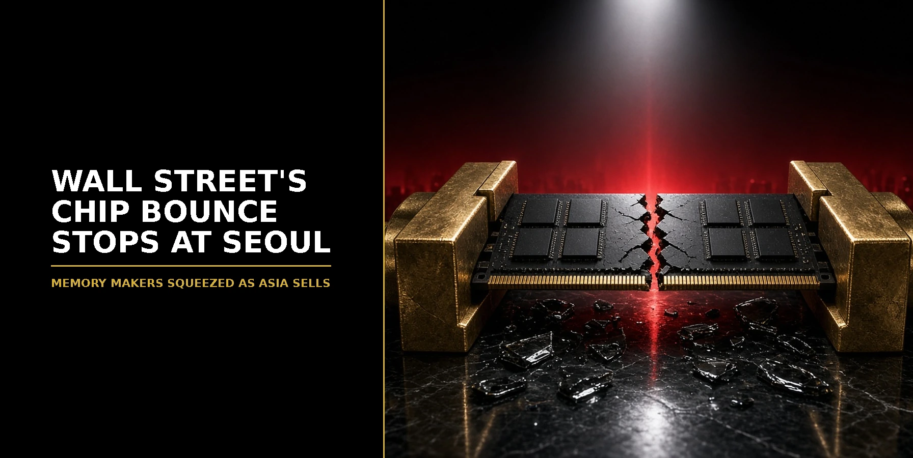 Cracked black memory chip module clamped in a gold vice on black granite under a spotlight with a red-lit city skyline behind, headline Wall Street's Chip Bounce Stops at Seoul