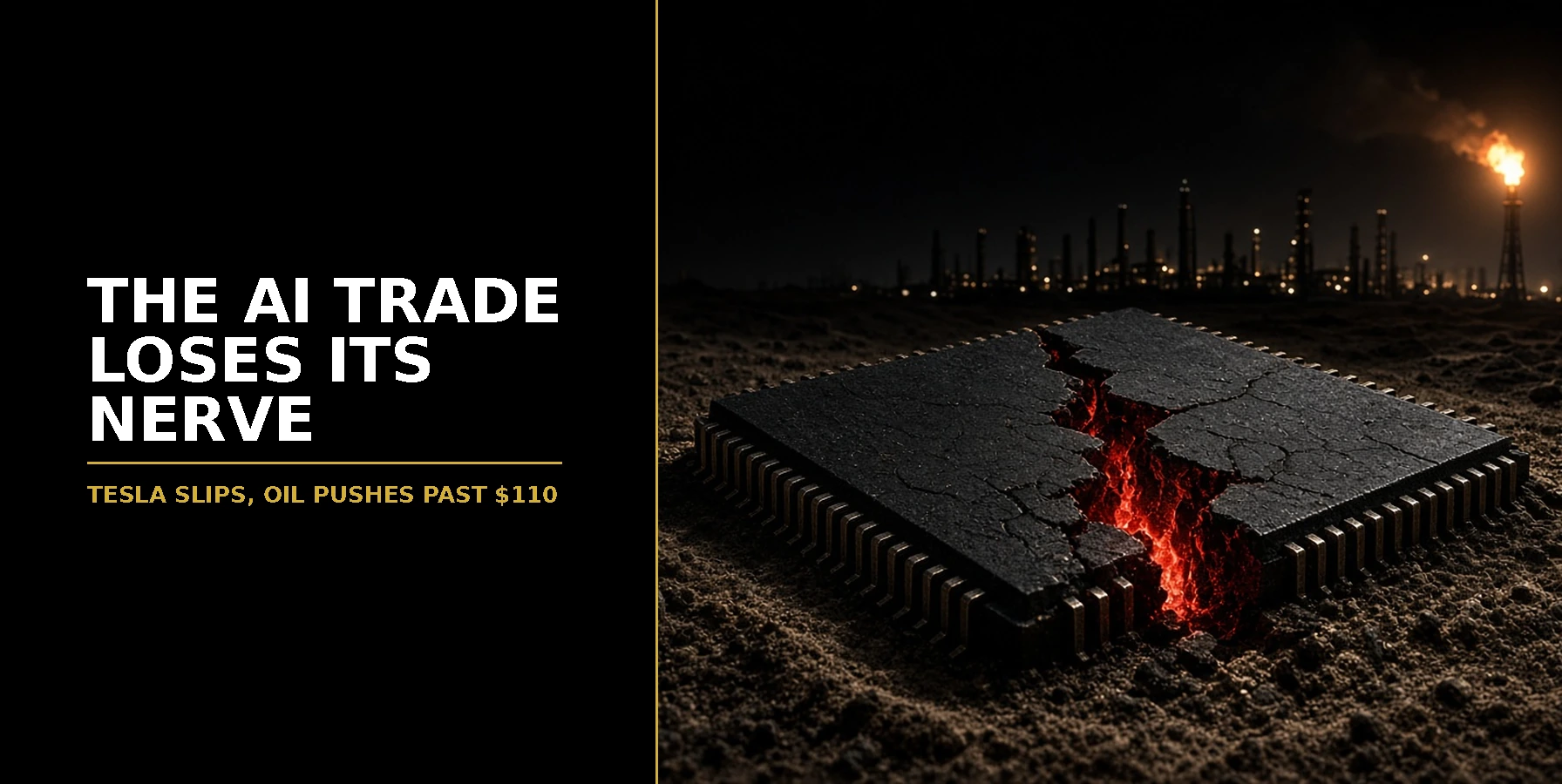 The AI trade loses its nerve: a cracked microchip glowing red in the desert beside a flaring oil field at night