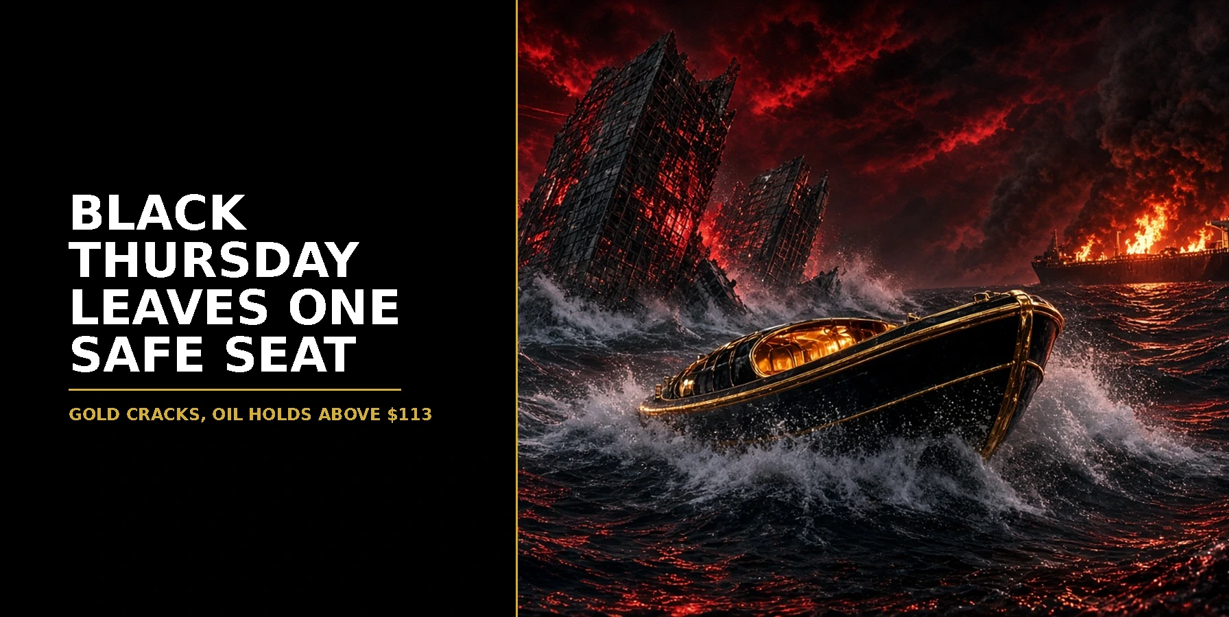 Black Thursday leaves one safe seat: a black and gold lifeboat rides a red storm as glass towers sink and an oil tanker burns on the horizon