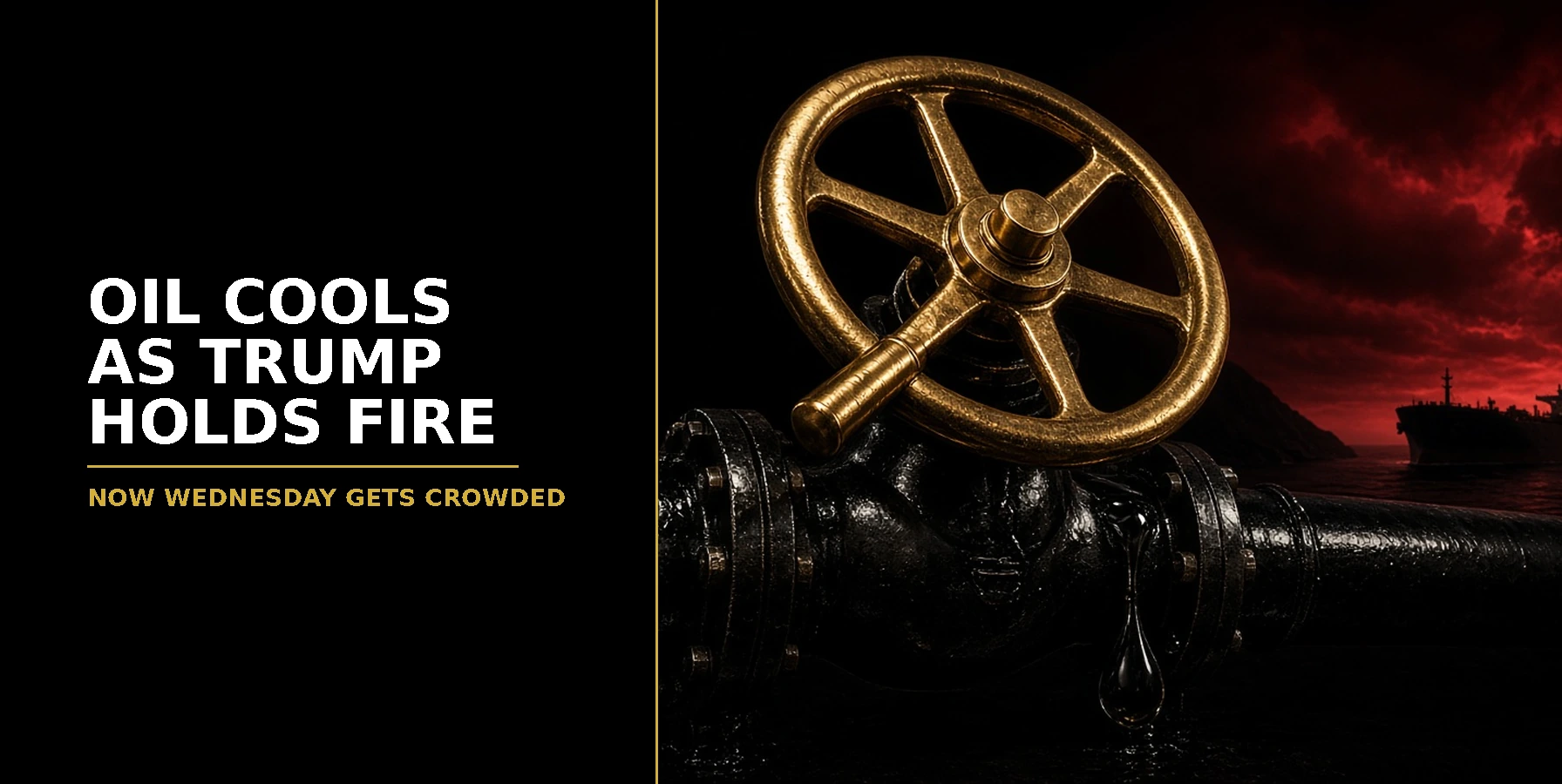 Oil cools as Trump holds fire: a gold valve wheel eased back on a black crude pipeline with a tanker in a strait under a red sky