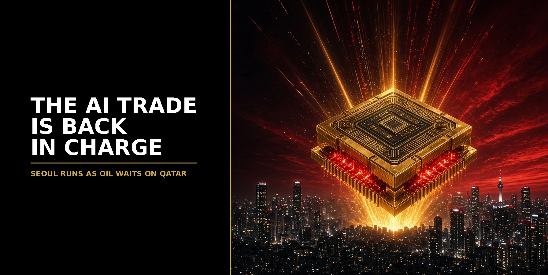The AI trade is back in charge: a glowing gold microchip rising over a night-time Seoul skyline under a red sky