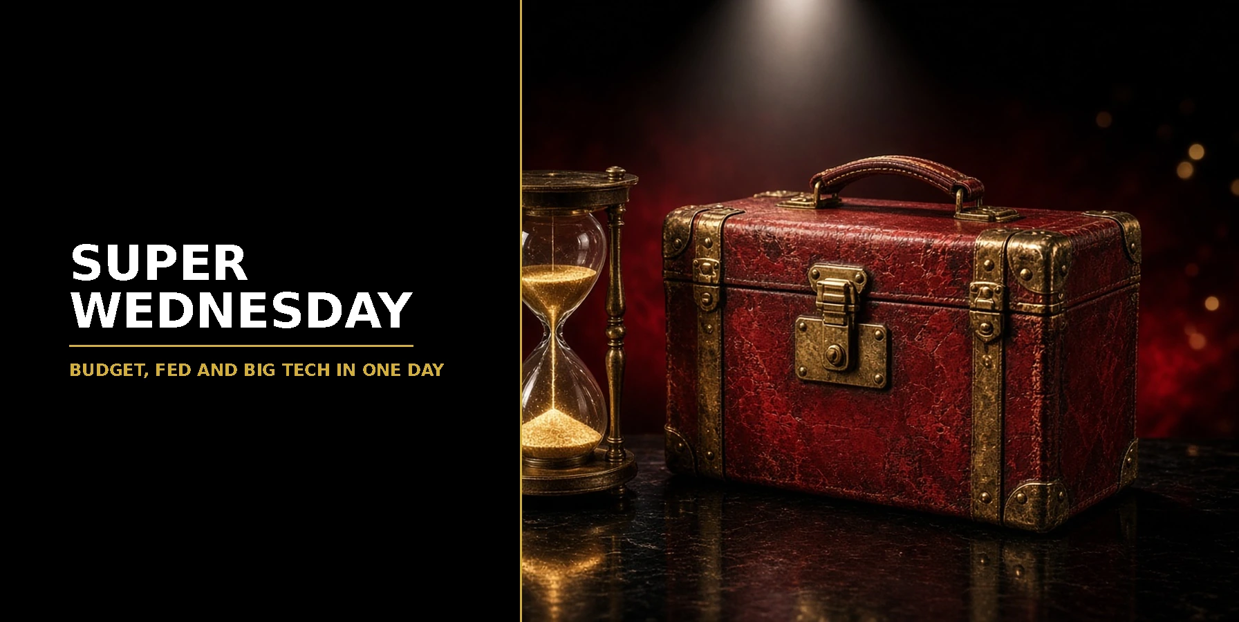Super Wednesday: a red ministerial budget box beside a brass hourglass under a spotlight, for a day of the UK Budget, the Fed decision and big tech results