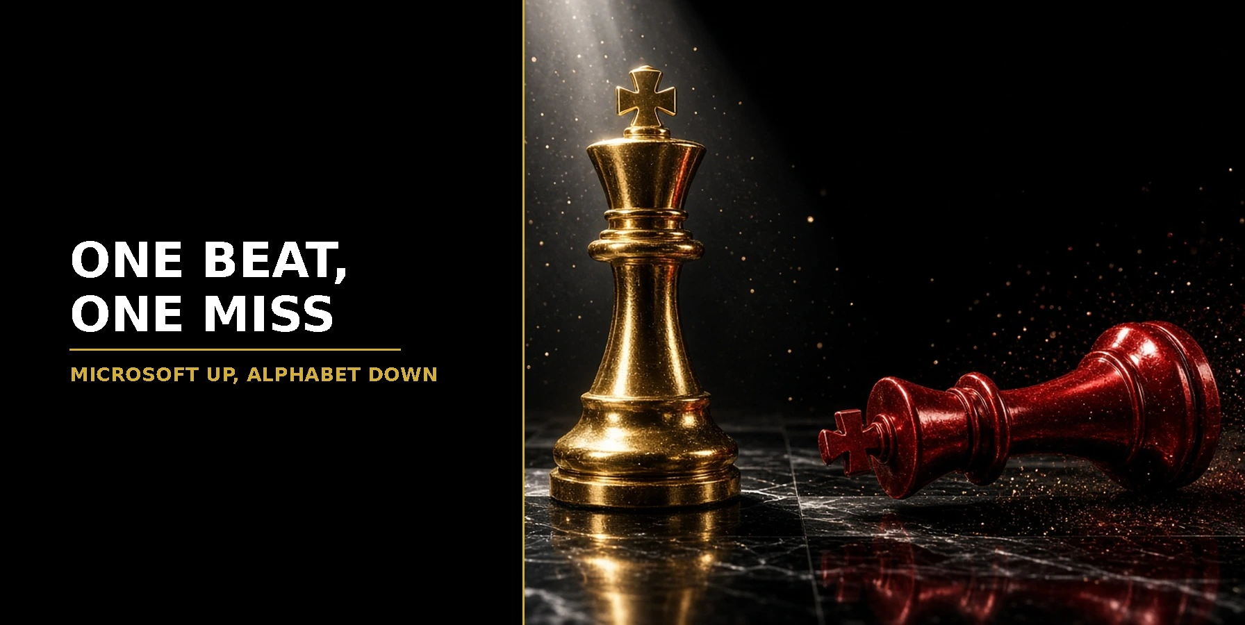 One beat, one miss: a gold chess king standing in a spotlight beside a toppled red king, for Microsoft rallying and Alphabet falling after results