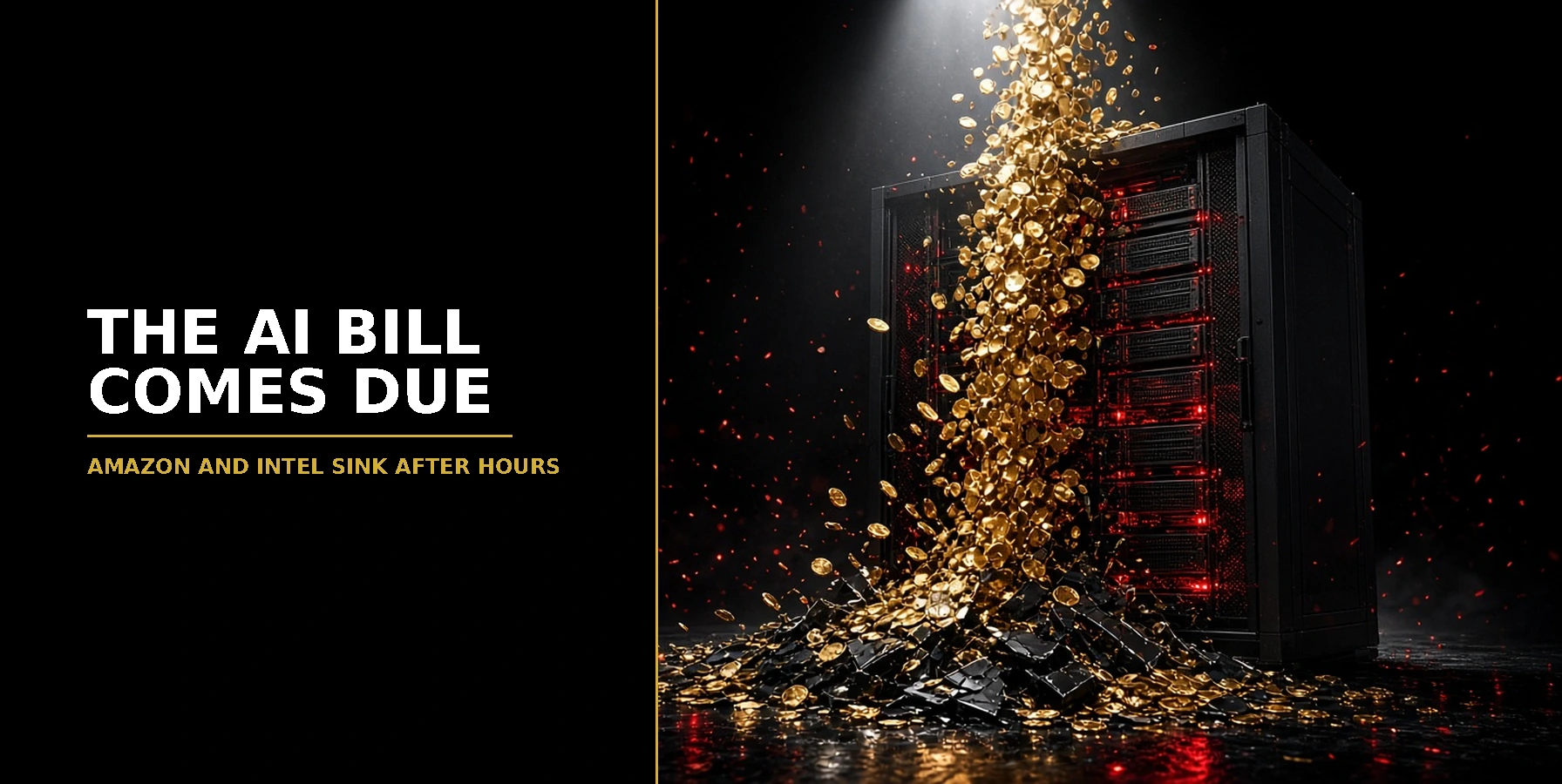 The AI bill comes due: gold coins pouring into a glowing red data-centre server rack and spilling out cracked at its base, for Amazon and Intel falling after results