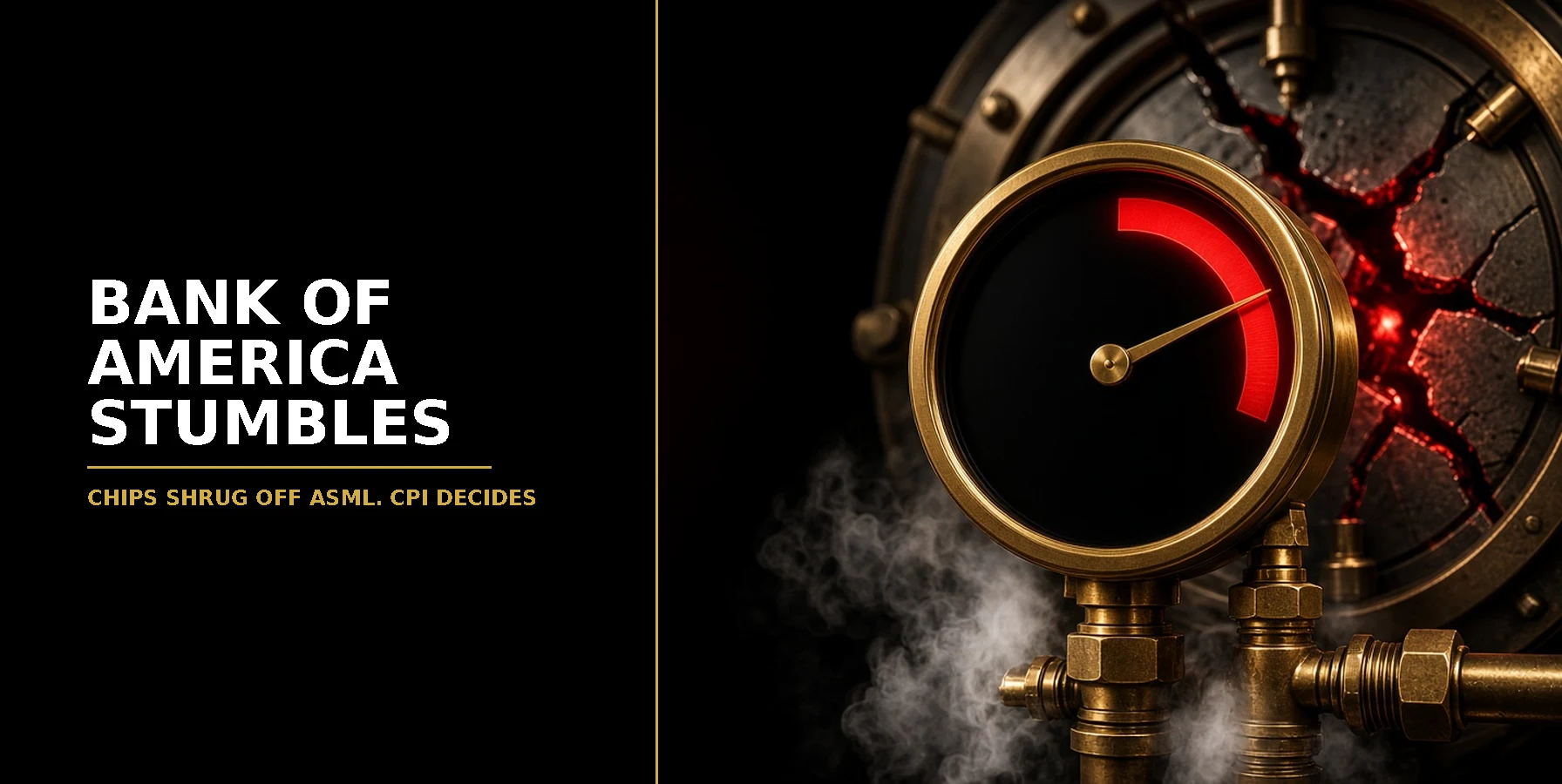 US Open Market Brief 14 October 2026: a brass pressure gauge with its needle at the edge of the red zone in front of a cracked bank vault door glowing red