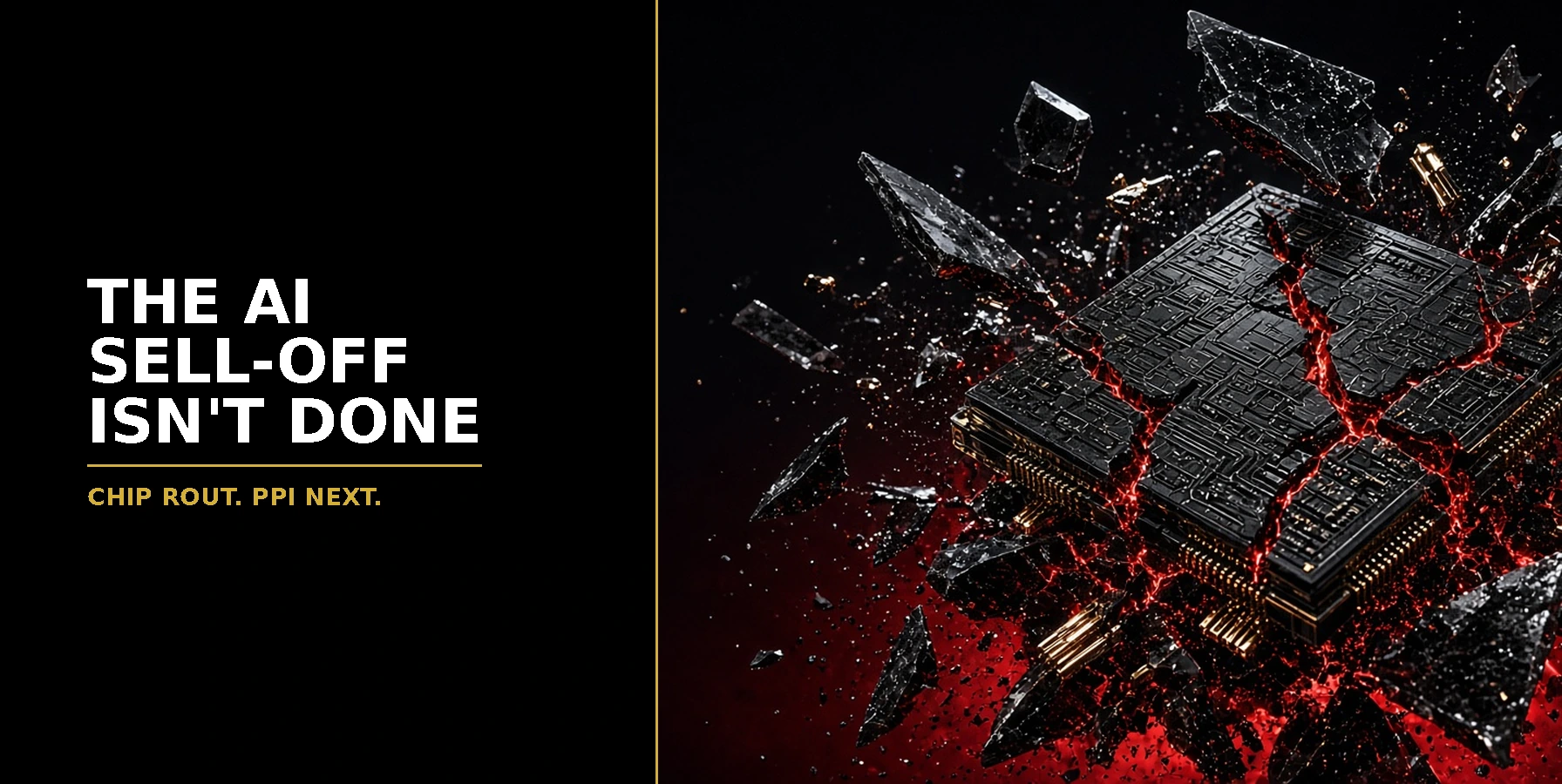 US Open Market Brief 15 October 2026: a black silicon chip shattering with red-hot cracks and gold connectors against a dark background