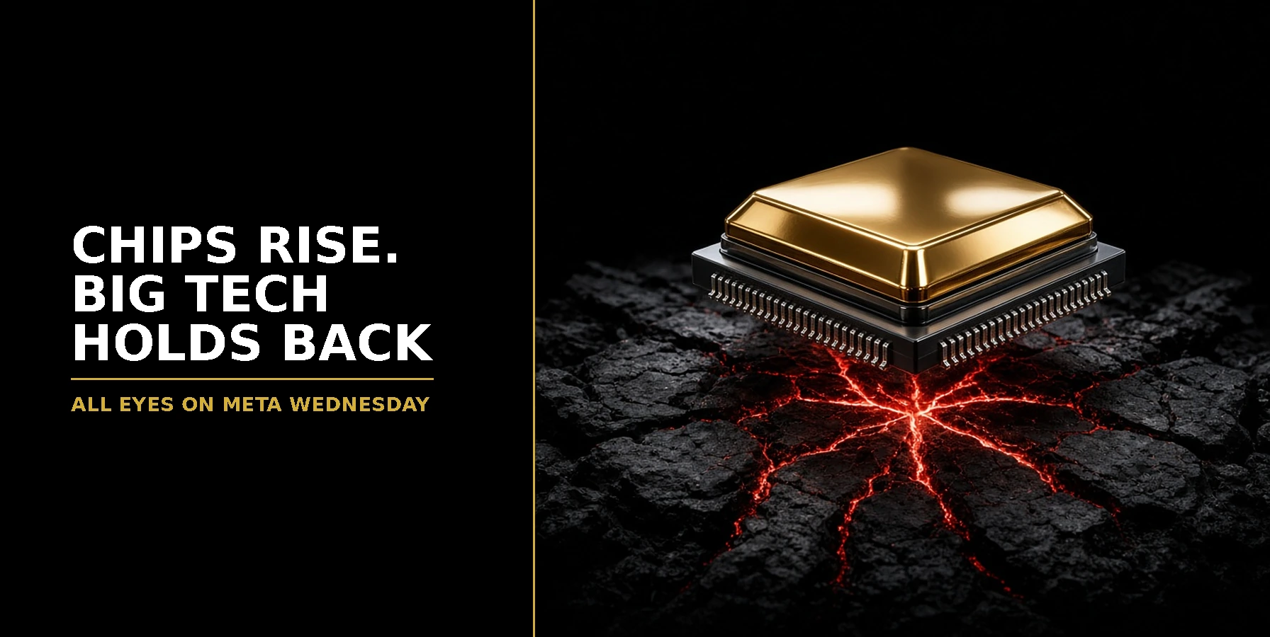 US Open Market Brief 19 October 2026: a polished black microchip with gold contacts rising off a cracked black stone floor, lit by deep red light against a dark background