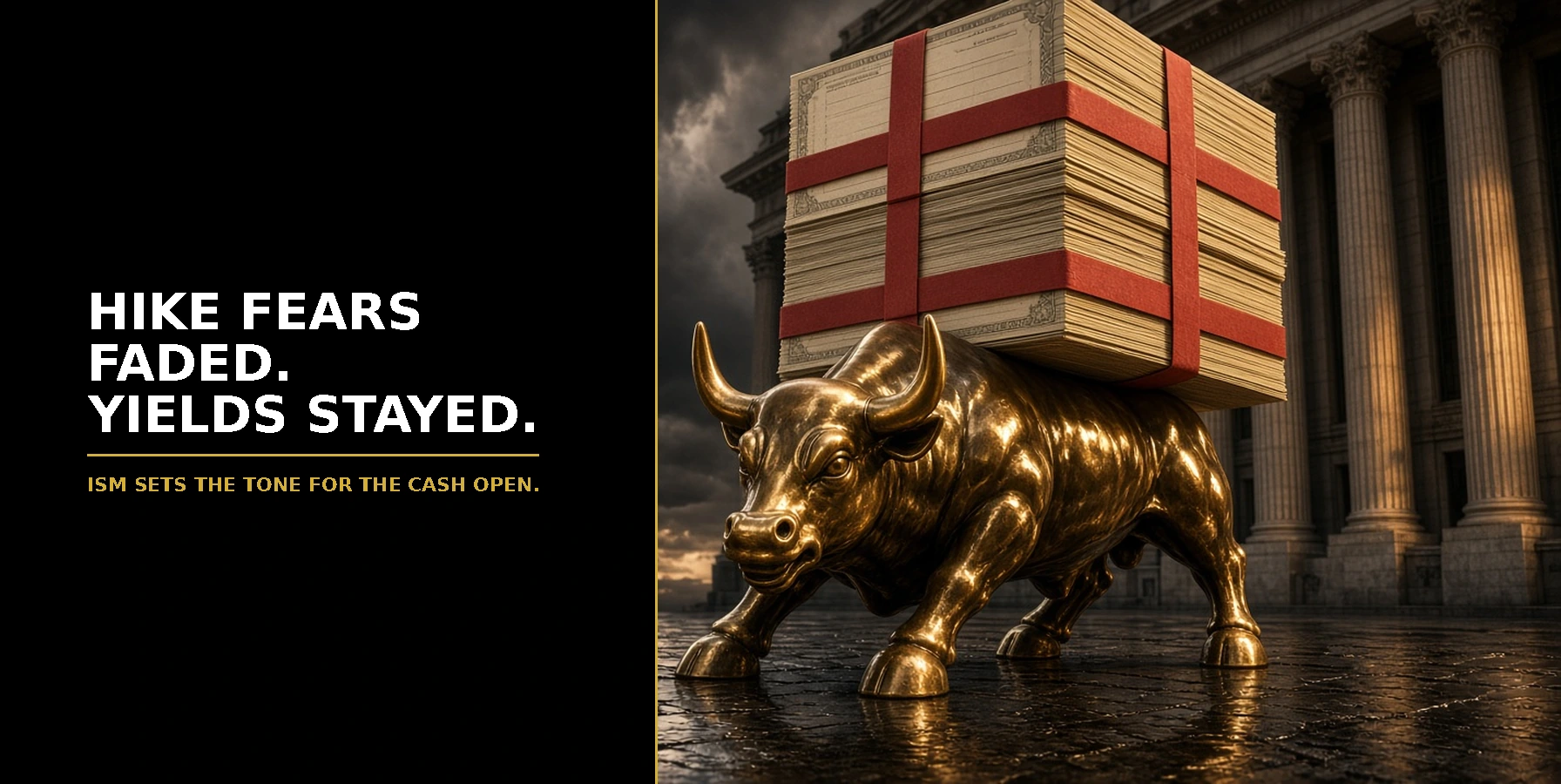 US Open Market Brief 5 October 2026: bronze Wall Street bull carrying a stack of Treasury bonds outside the stock exchange