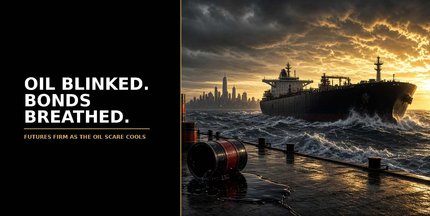 US Open Market Brief 6 October 2026: oil supertanker sailing out of a storm into golden light past stacked oil barrels, New York skyline behind