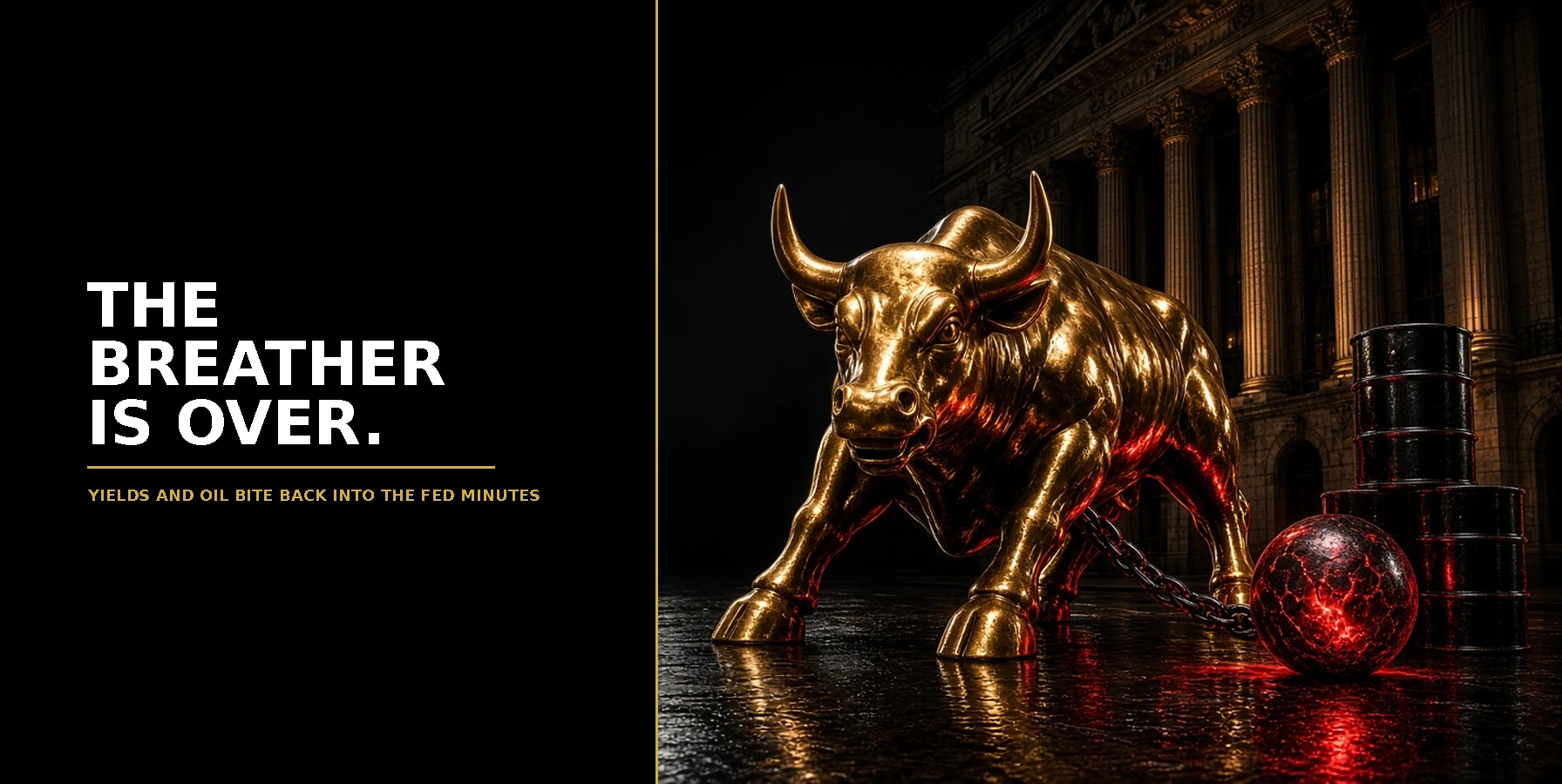 US Open Market Brief 7 October 2026: gold Wall Street bull chained to a red-hot iron ball beside black oil barrels outside the stock exchange at night