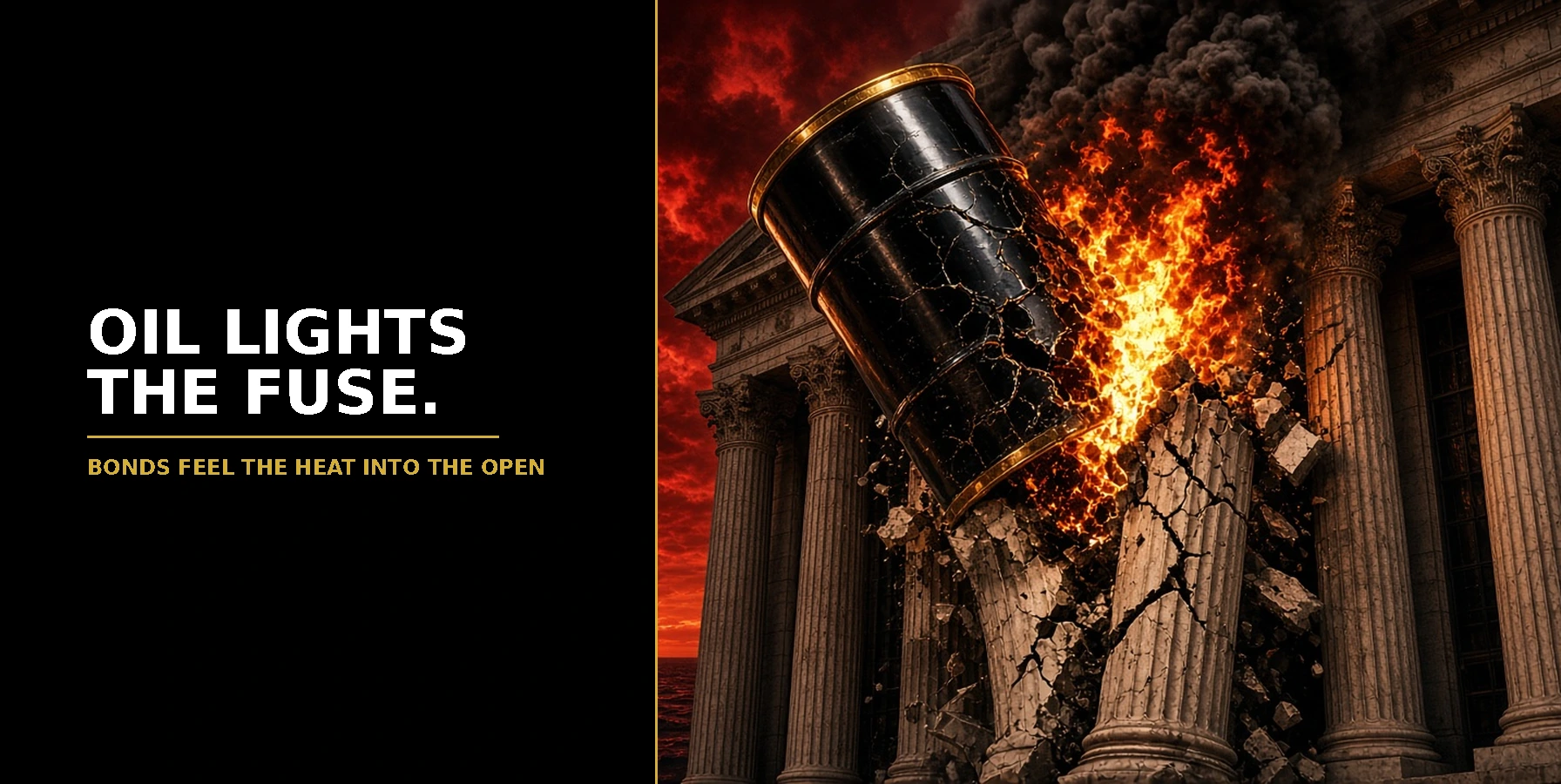 US Open Market Brief 8 October 2026: a cracked black oil barrel bursting into flames as it crashes into the marble columns of a stock exchange under a red sky