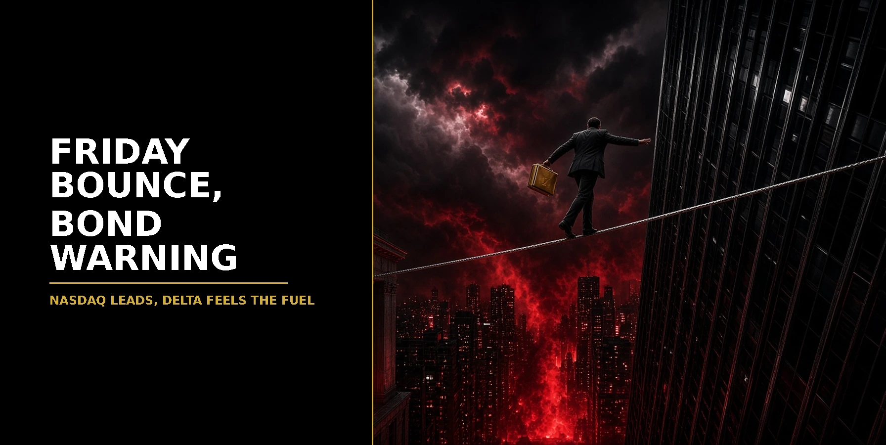 US Open Market Brief 9 October 2026: a businessman in a dark suit carrying a gold briefcase walks a tightrope between a classical exchange building and a glass skyscraper above a red-lit city under a stormy sky