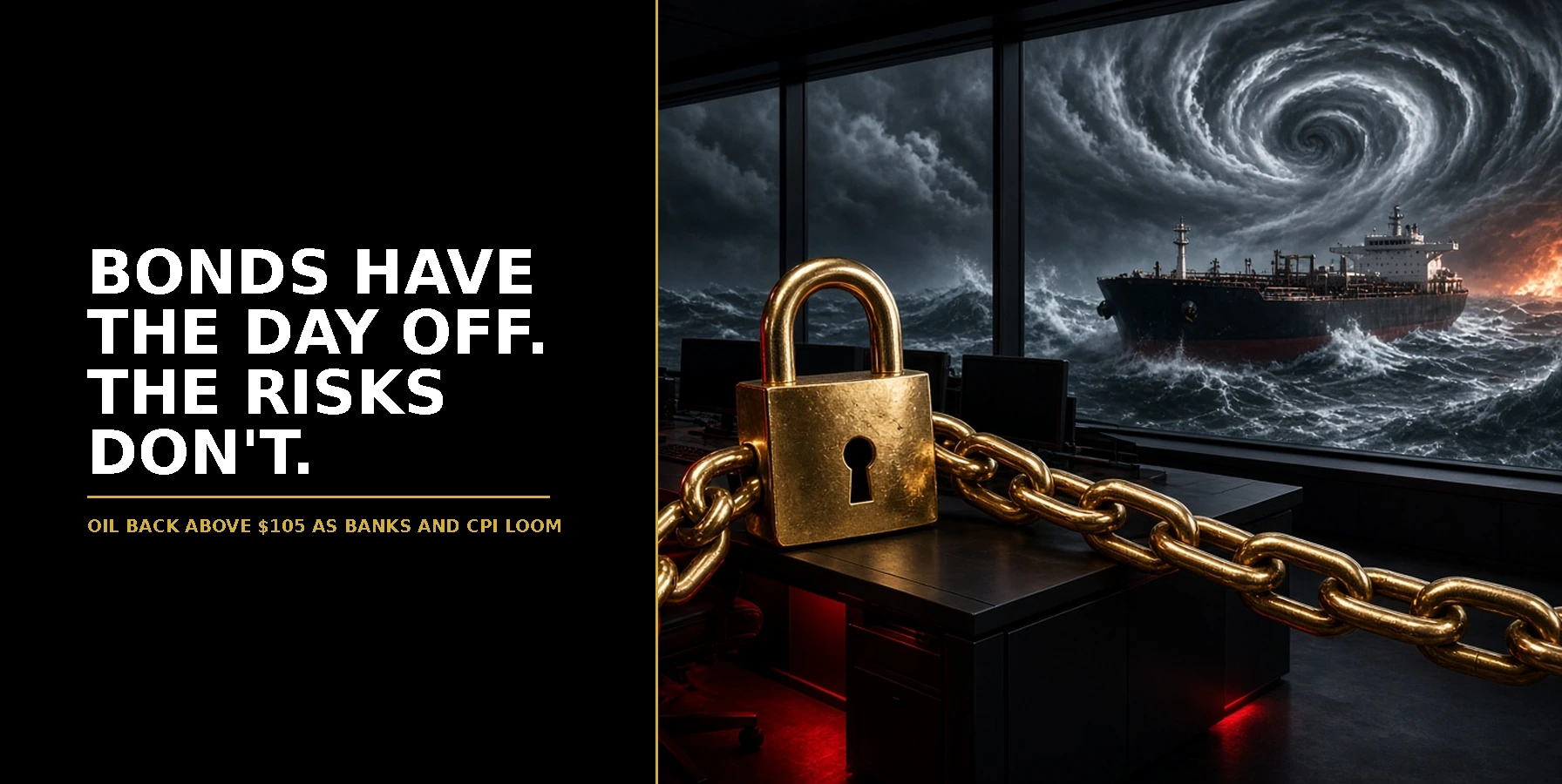US Open Market Brief 12 October 2026: a gold padlock and chain across an empty dark trading floor, with an oil tanker in a hurricane-tossed sea outside the windows