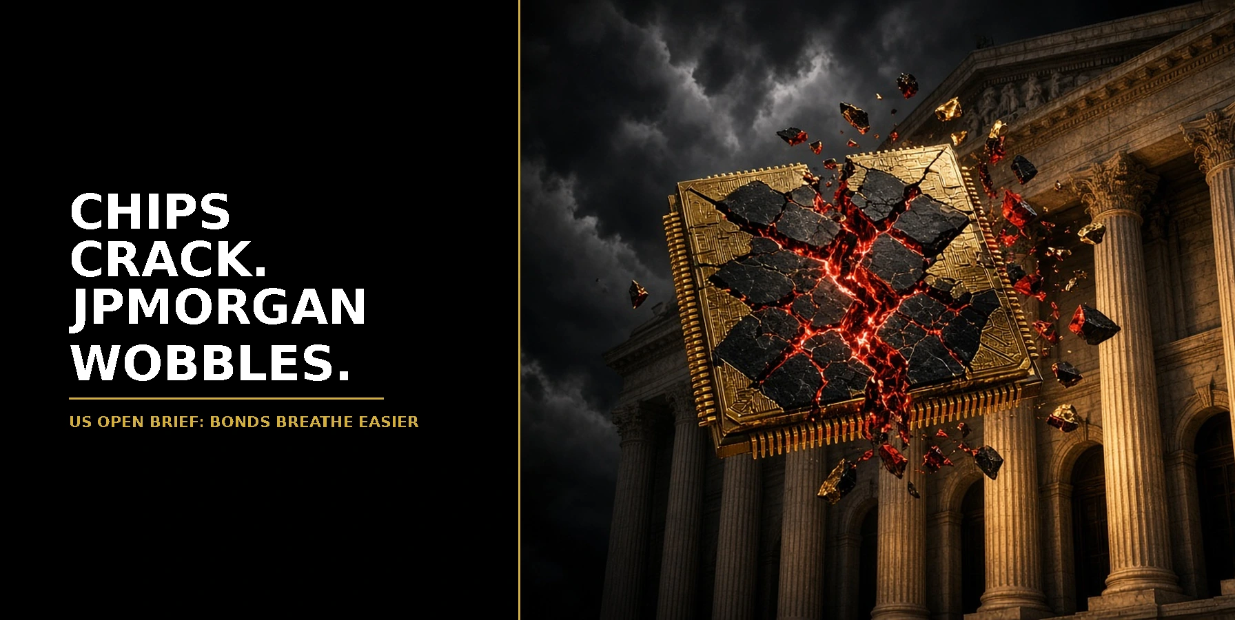 US Open Market Brief 13 October 2026: a cracked gold computer chip glowing red and shattering in front of the marble columns of a Wall Street bank under a stormy sky